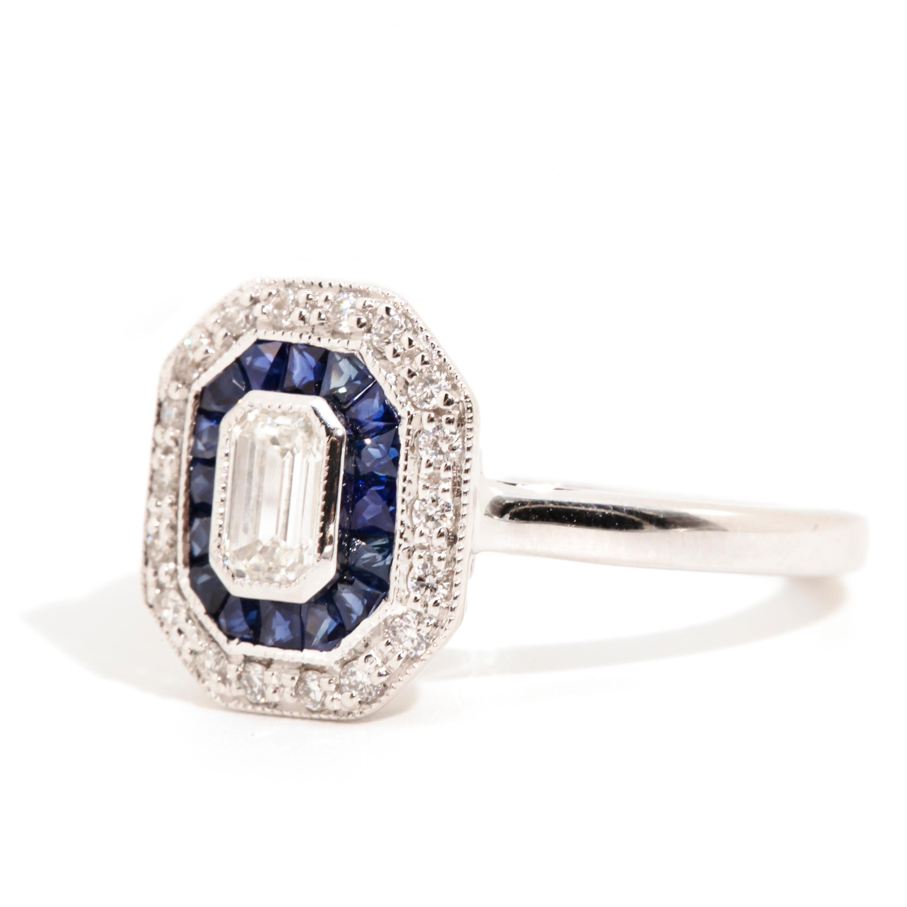 18 Carat Gold Emerald Cut Diamond and Blue Sapphire Contemporary Cluster Ring 2