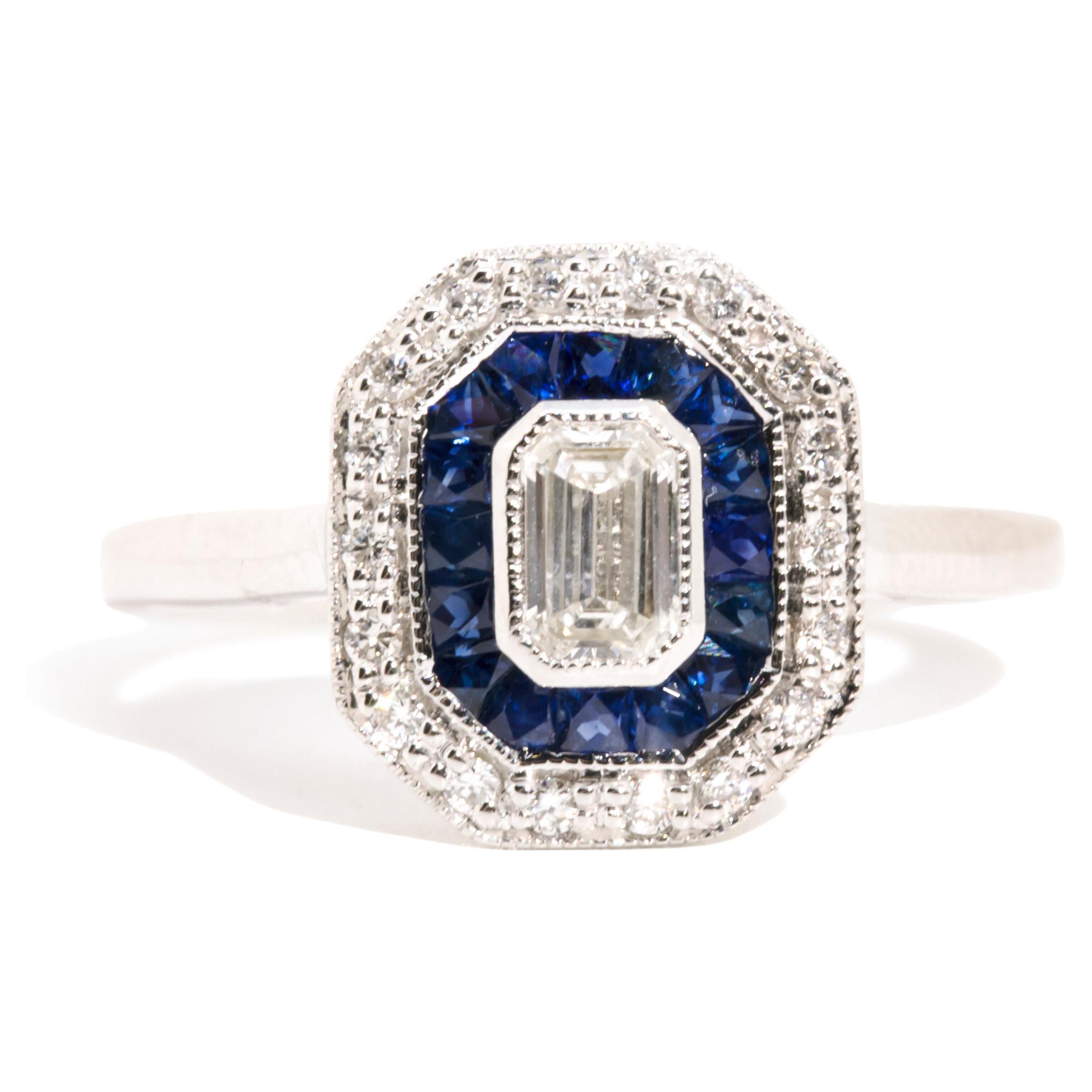 18 Carat Gold Emerald Cut Diamond and Blue Sapphire Contemporary Cluster Ring