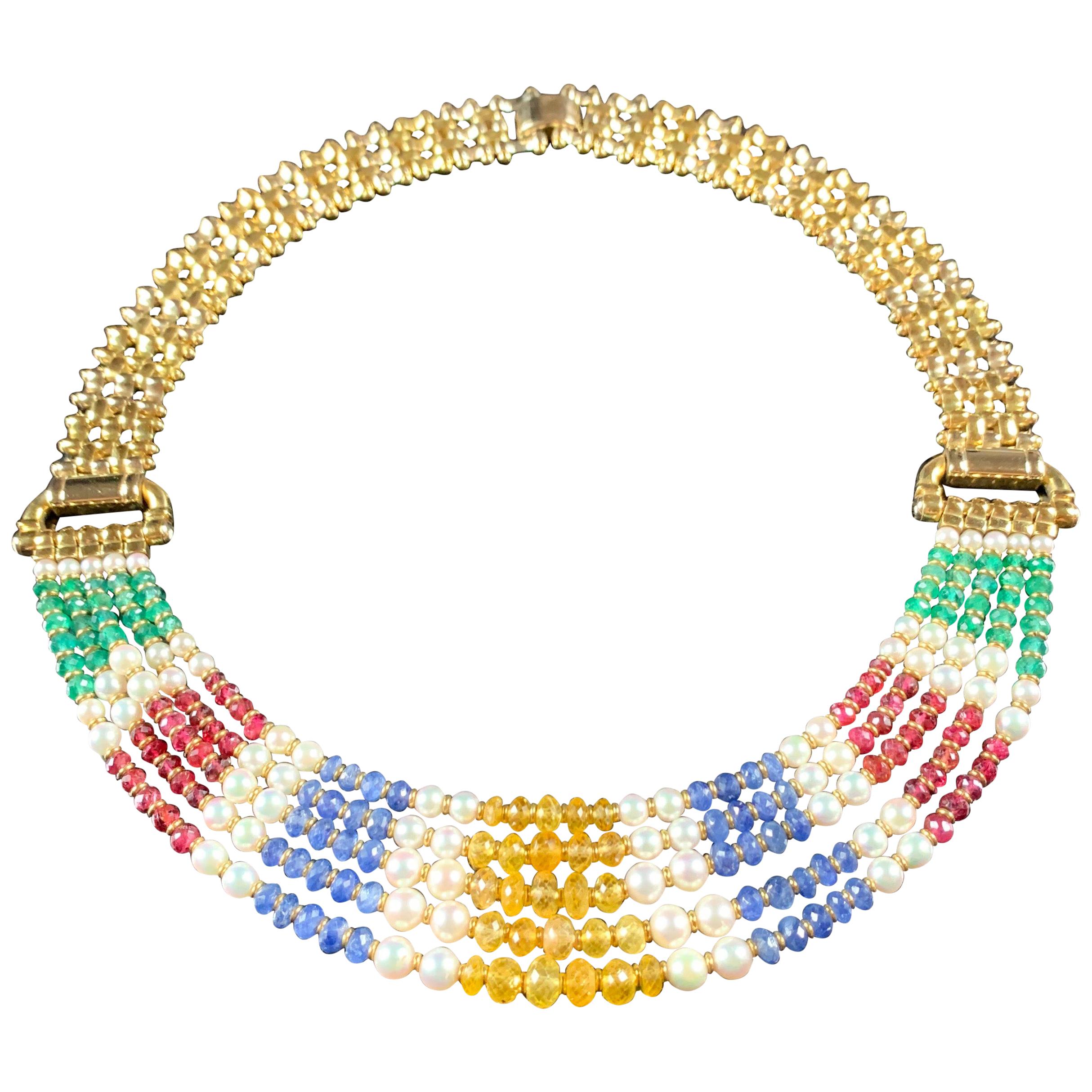 18 Carat Gold Five-Row Sapphire, Ruby, Emerald and Pearl Necklace For Sale