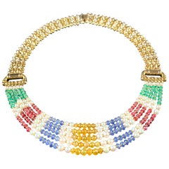 18 Carat Gold Five-Row Sapphire, Ruby, Emerald and Pearl Necklace