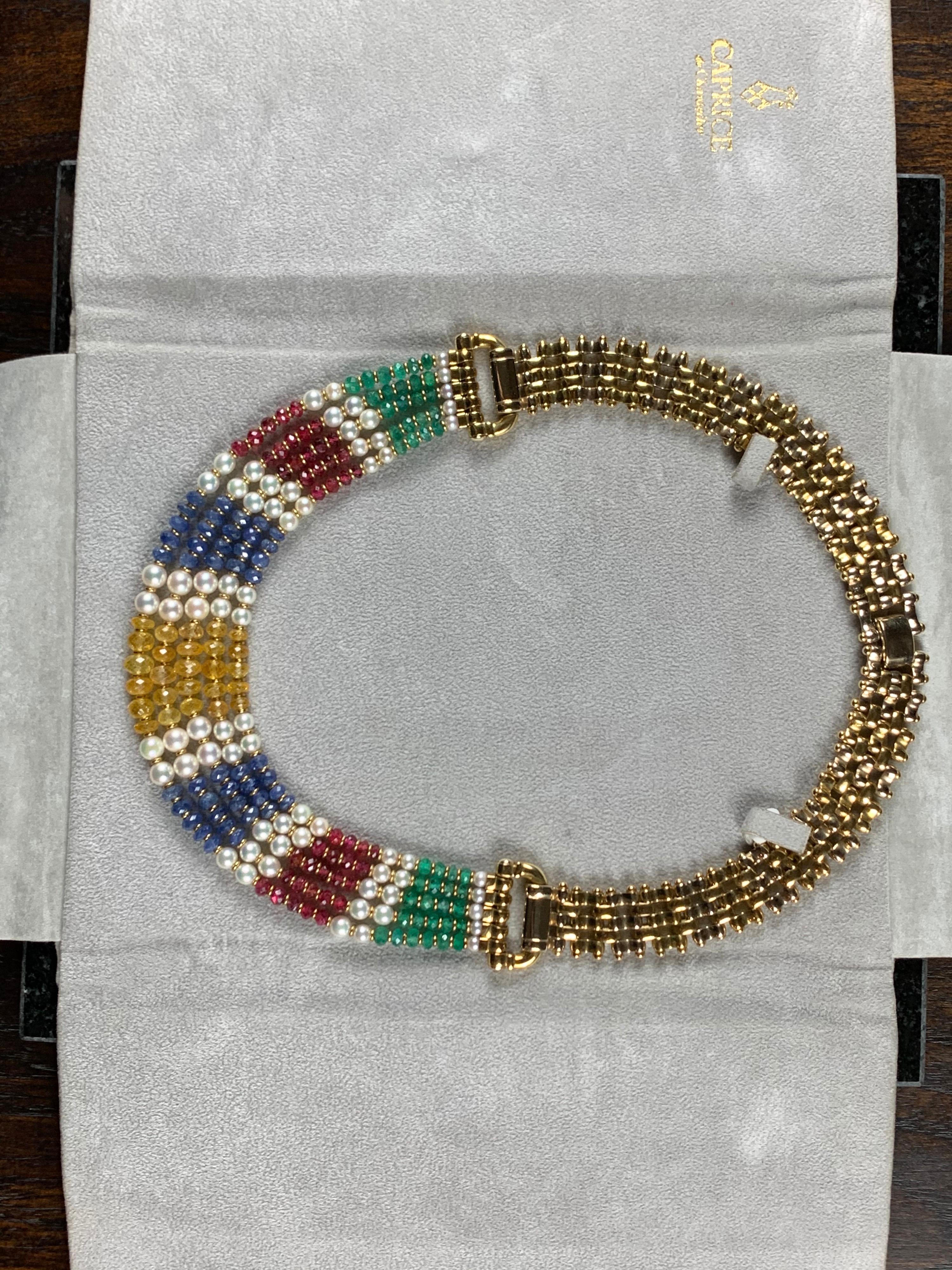 18 Carat Gold Five-Row Sapphire, Ruby, Emerald and Pearl Necklace For Sale 2