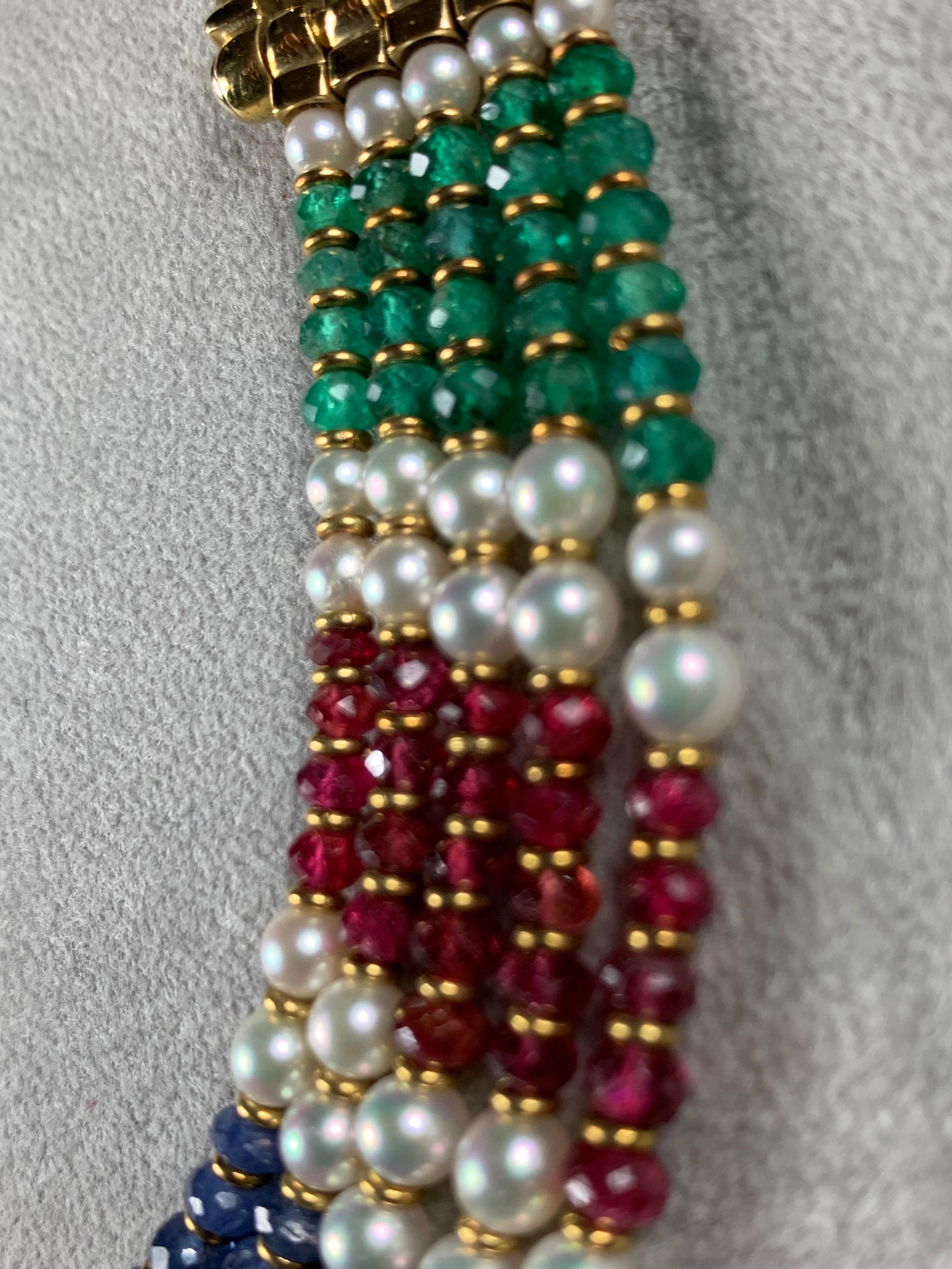 18 Carat Gold Five-Row Sapphire, Ruby, Emerald and Pearl Necklace For Sale 3