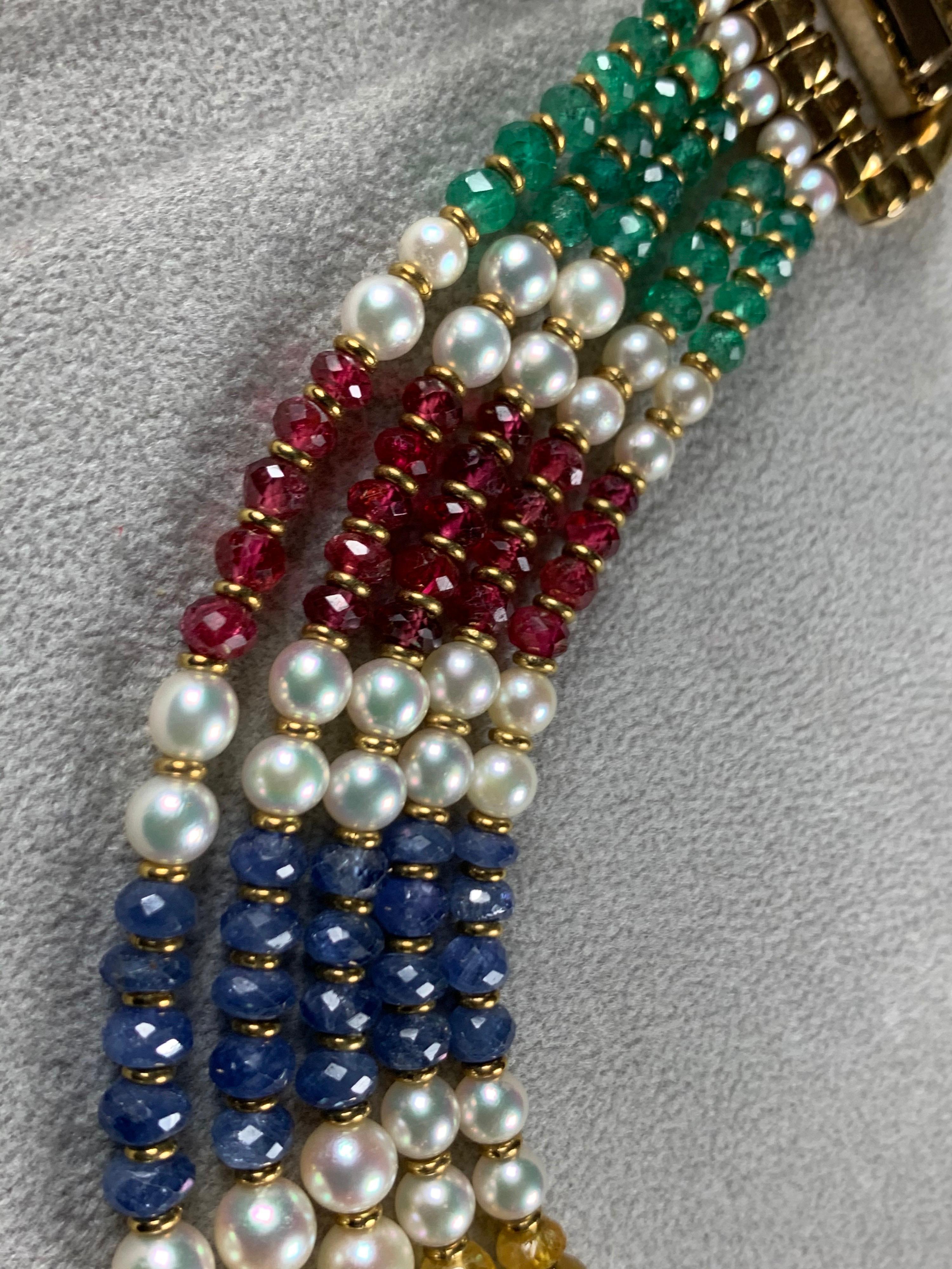18 Carat Gold Five-Row Sapphire, Ruby, Emerald and Pearl Necklace For Sale 4