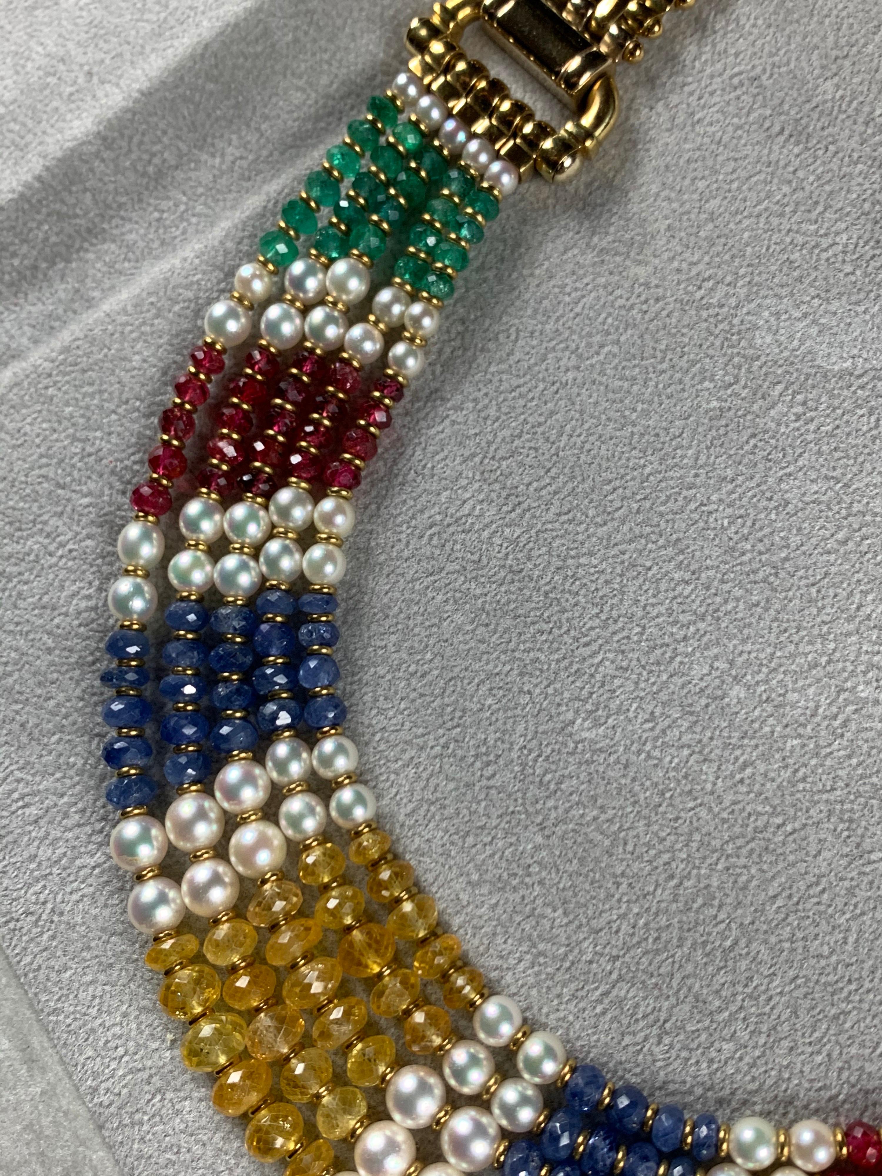 18 Carat Gold Five-Row Sapphire, Ruby, Emerald and Pearl Necklace For Sale 5