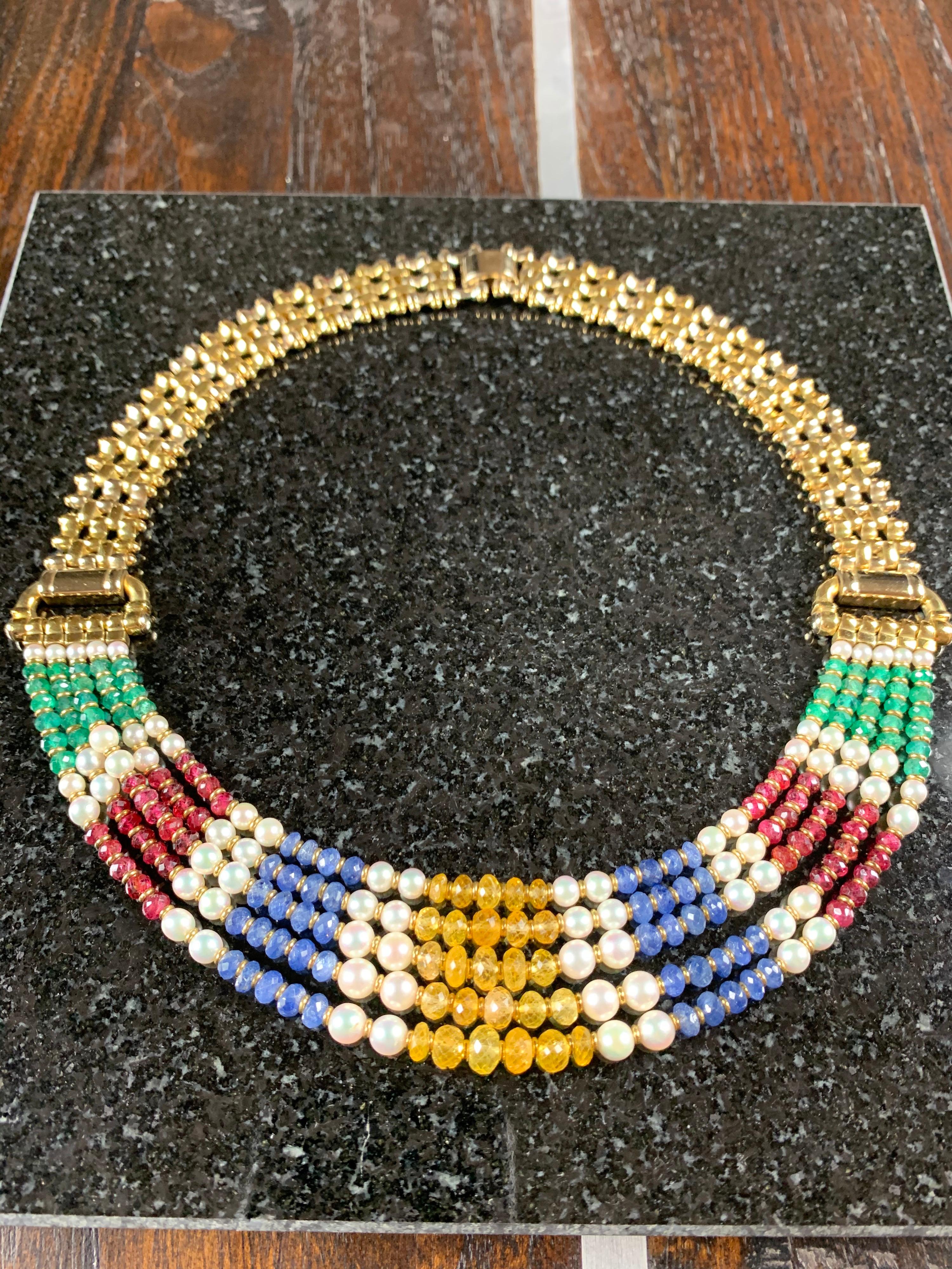 18 Carat Gold Five-Row Sapphire, Ruby, Emerald and Pearl Necklace For Sale 9