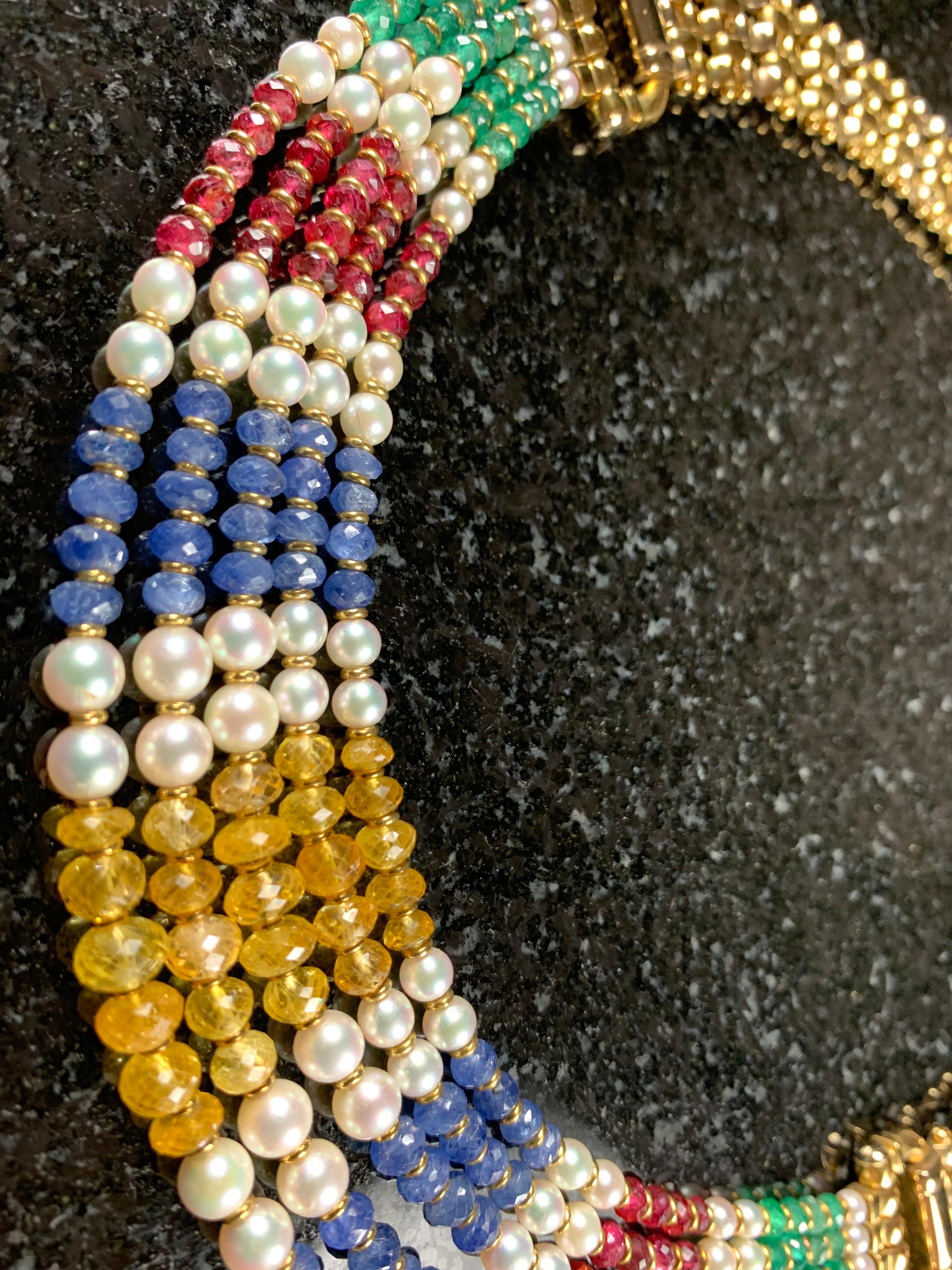 18 Carat Gold Five-Row Sapphire, Ruby, Emerald and Pearl Necklace For Sale 12