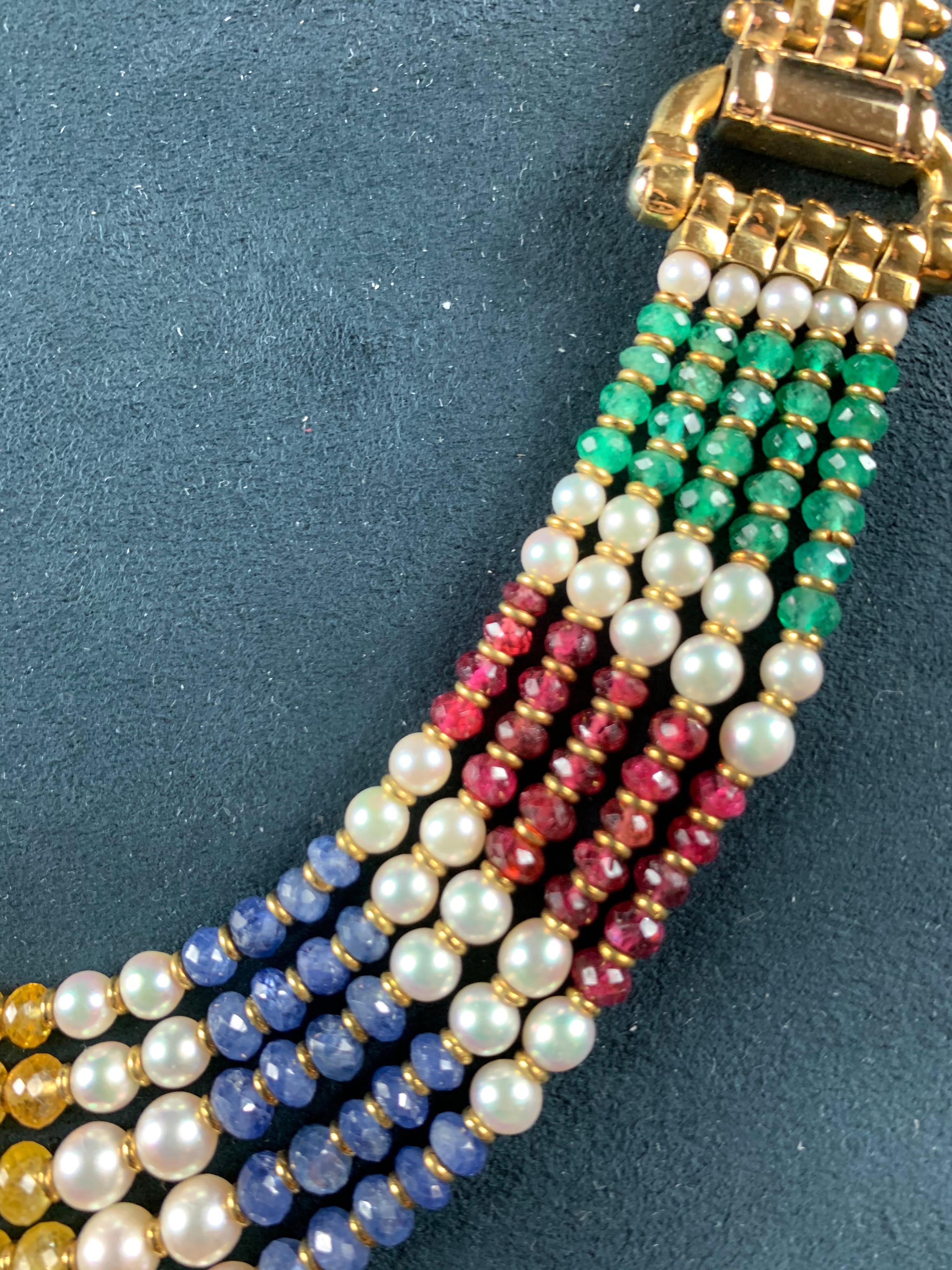 Egyptian Revival 18 Carat Gold Five-Row Sapphire, Ruby, Emerald and Pearl Necklace For Sale