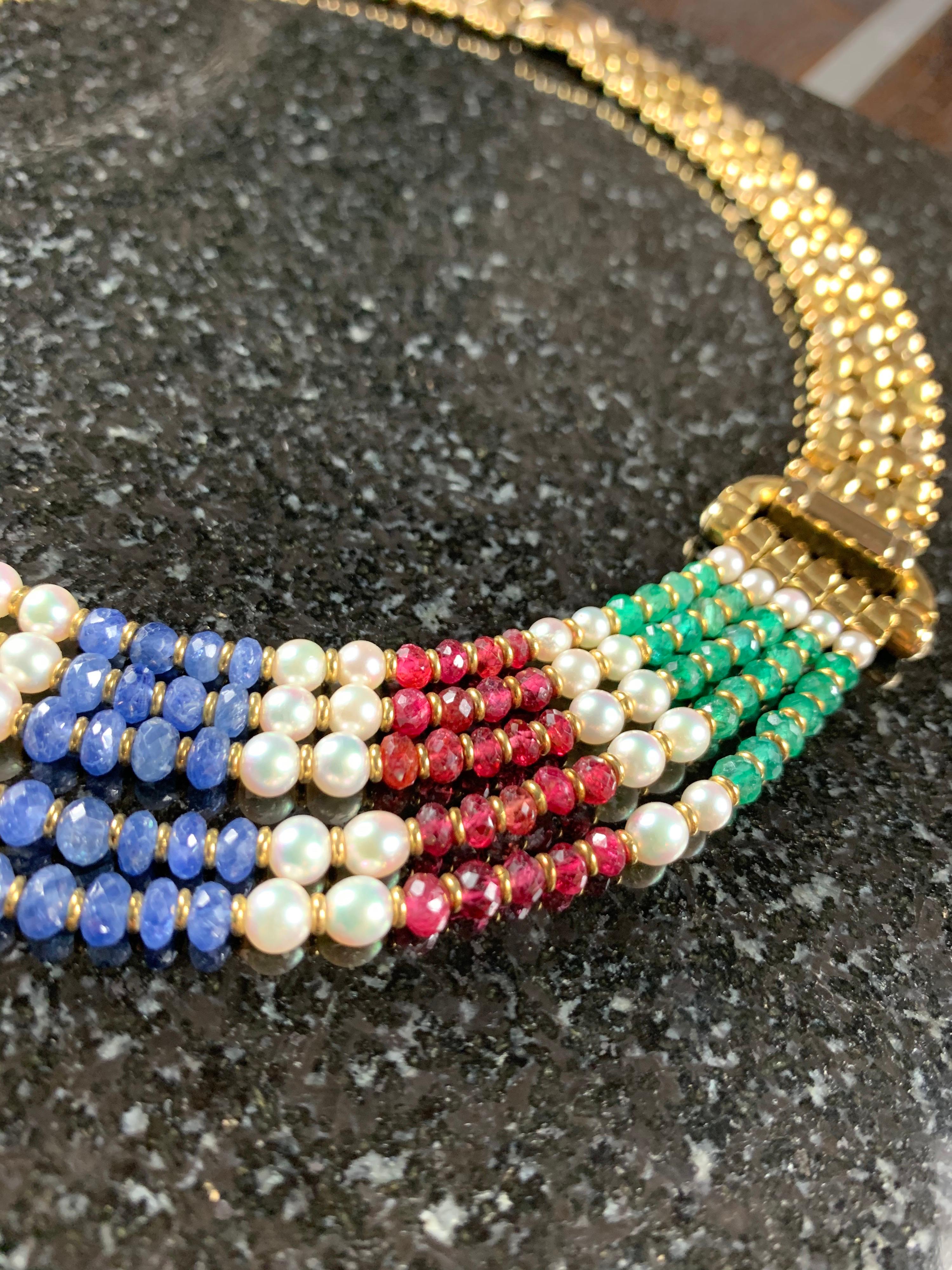 18 Carat Gold Five-Row Sapphire, Ruby, Emerald and Pearl Necklace In Excellent Condition For Sale In  London, GB