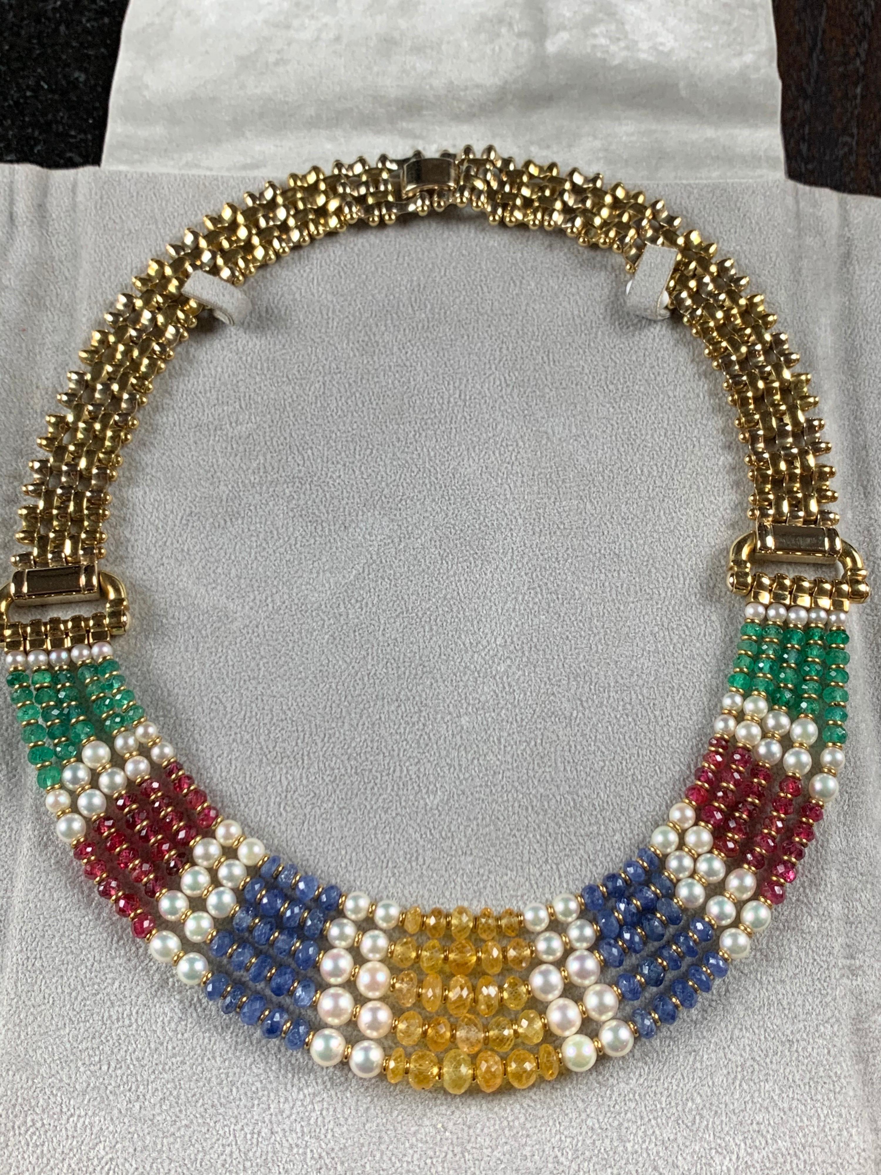 Women's 18 Carat Gold Five-Row Sapphire, Ruby, Emerald and Pearl Necklace For Sale