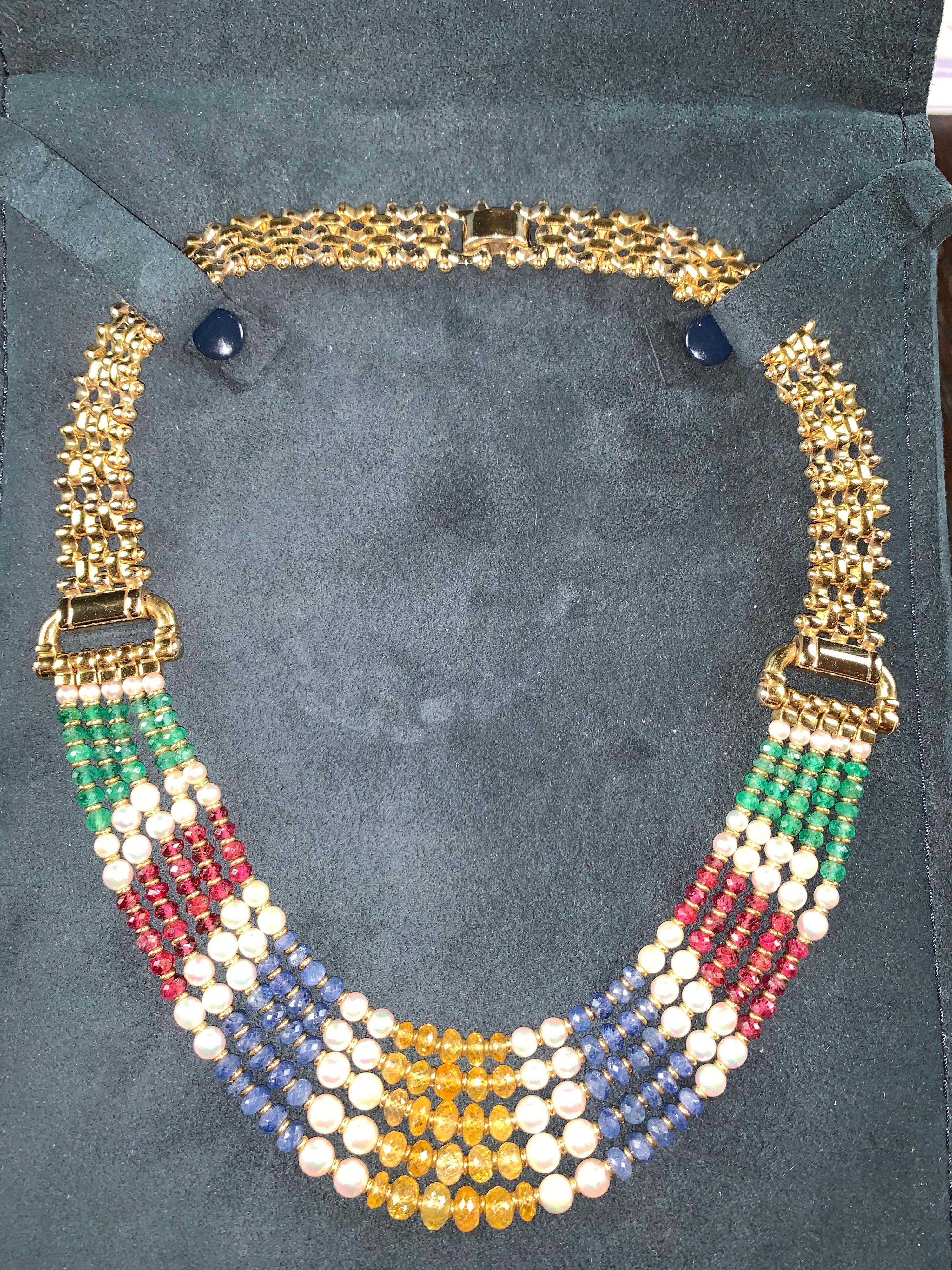 18 Carat Gold Five Row Sapphire, Ruby Emerald & Pearl Briolette Necklace