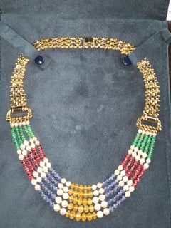 18 Carat Gold Five-Row Sapphire, Ruby, Emerald and Pearl Necklace