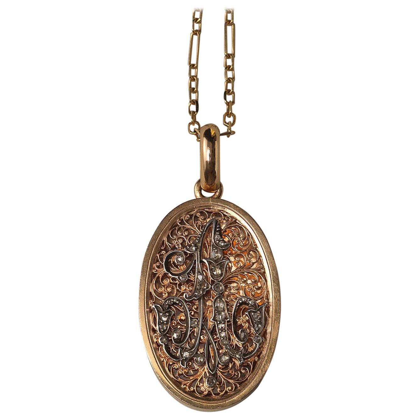 18 Carat Gold French Locket with a Diamond A Initial