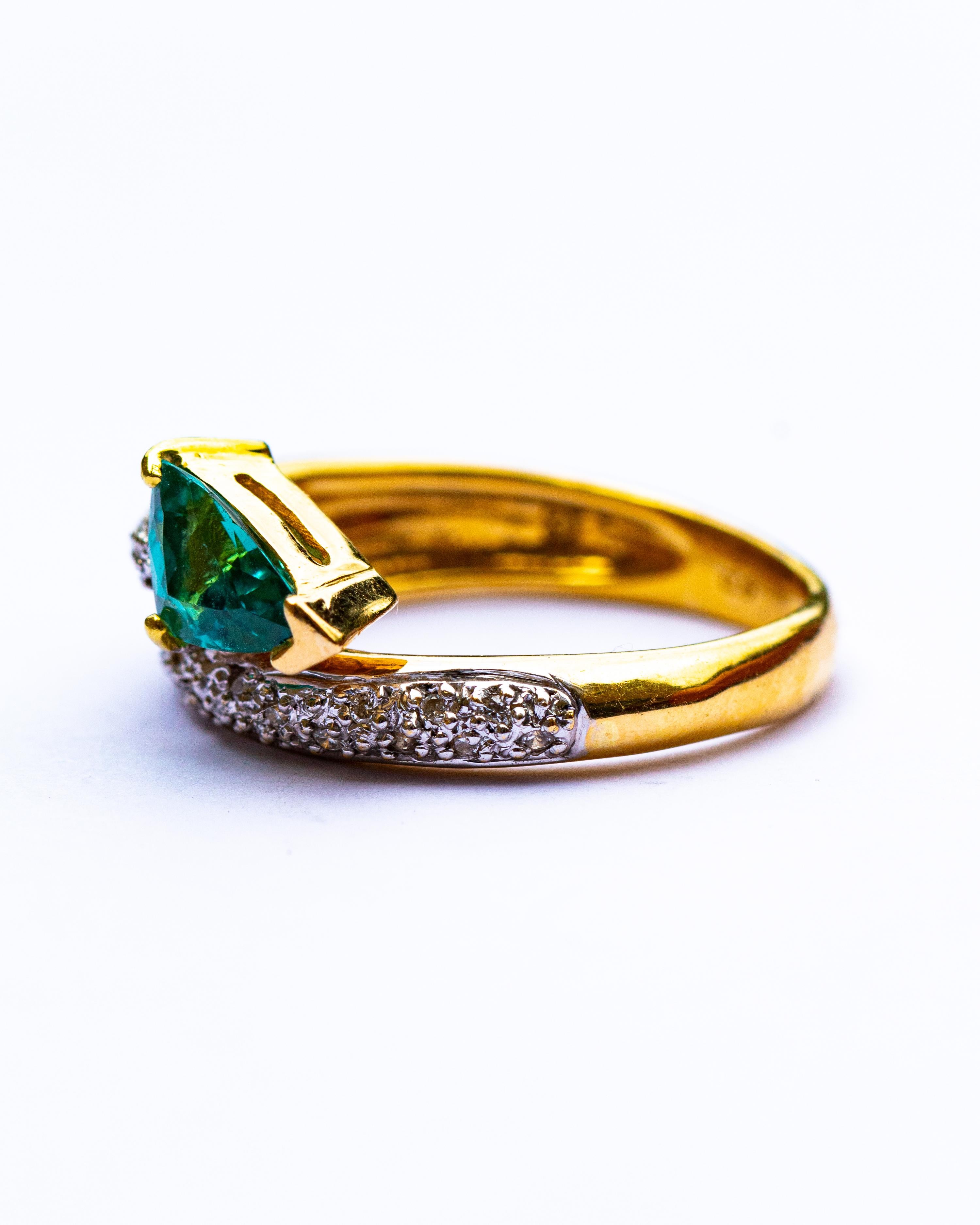 Trillion Cut 18 Carat Gold Green Tourmaline and Diamond Ring