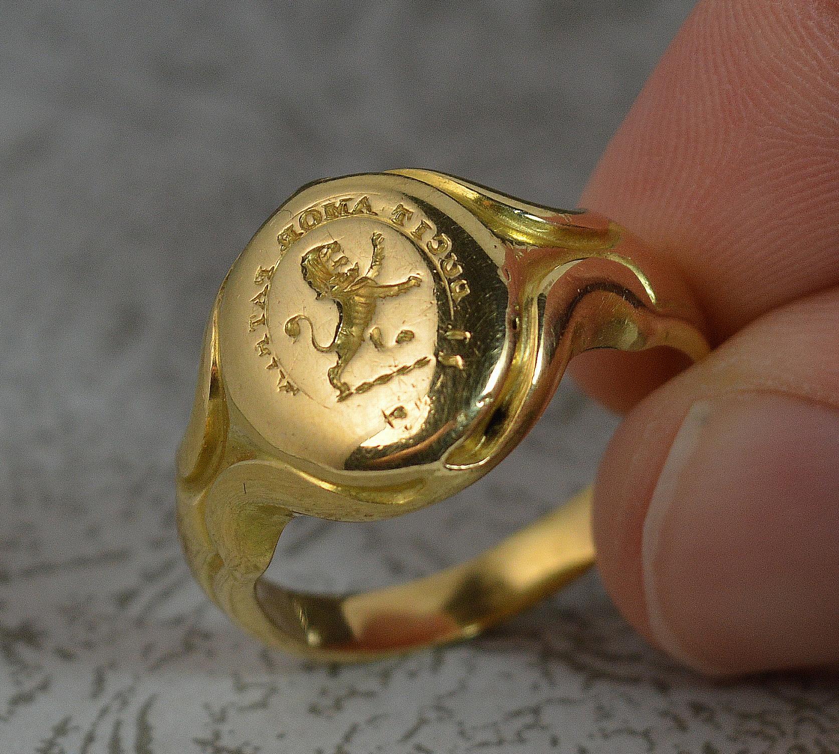 Victorian 18 Carat Gold Lion Passant The Love of Country Leads Me Signet Intaglio Ring