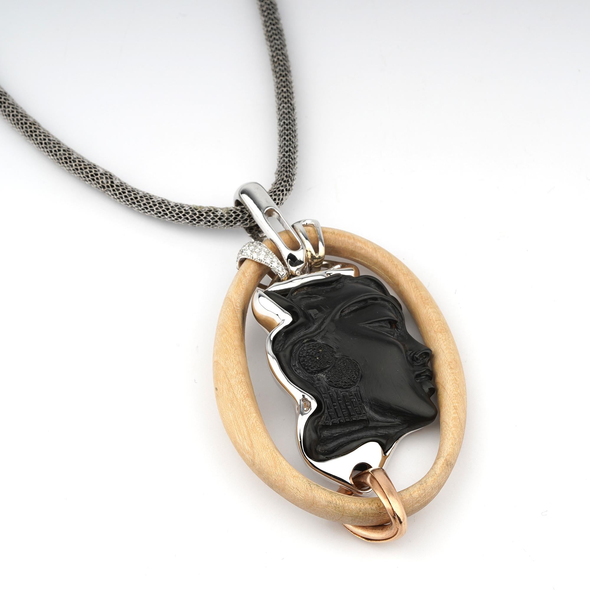 18 carat White Gold and Maple Wood Pendant Necklace with 0,3ct diamonds and 45mm Portrait carving Onyx Cameo. Exclusive gold jewellery piece made, carved in Maple Wood, with 18kt White gold frame embellished with 0,3ct diamond  and with 45mm long