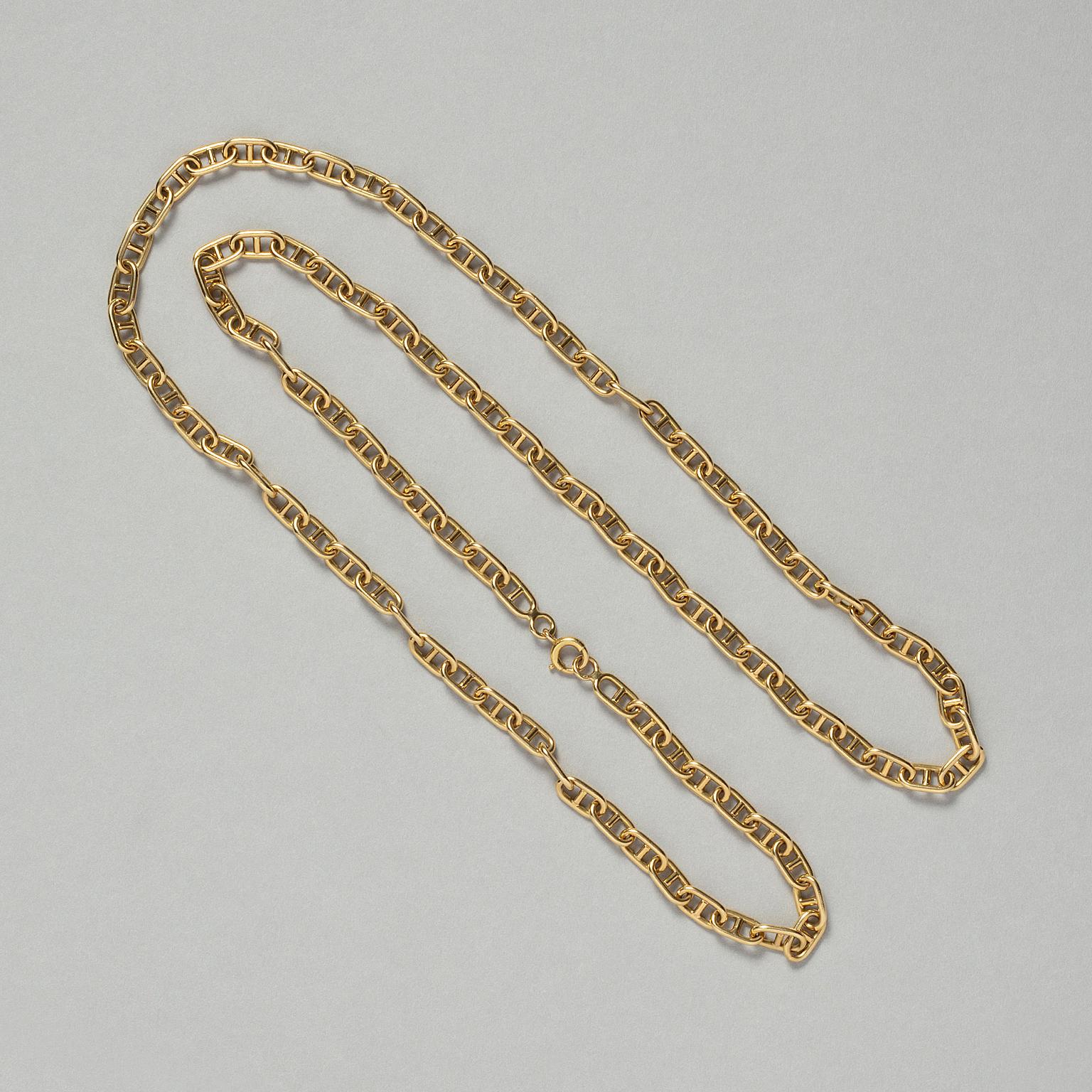 An 18 Carat Gold Mariner Link Chain, France, circa 1980
weight: 48.7 grams
length: 73 cm
