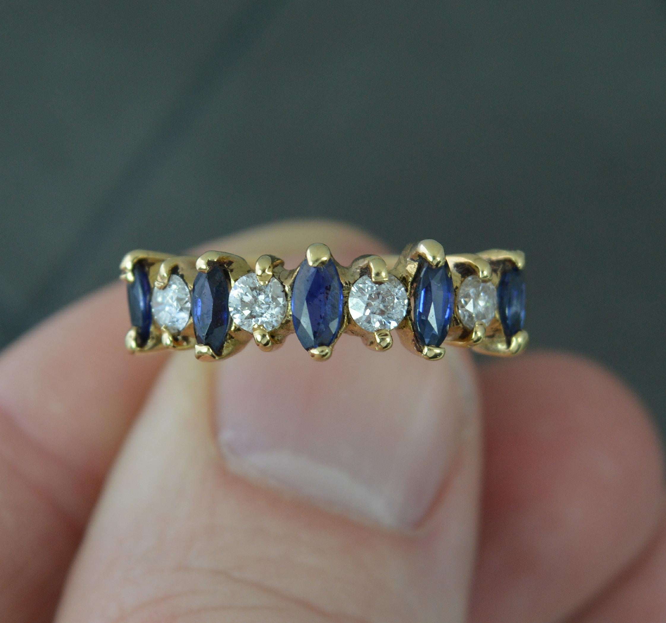 18 Carat Gold Marquise Blue Sapphire and Round Cut Diamond Half Eternity Ring 1
