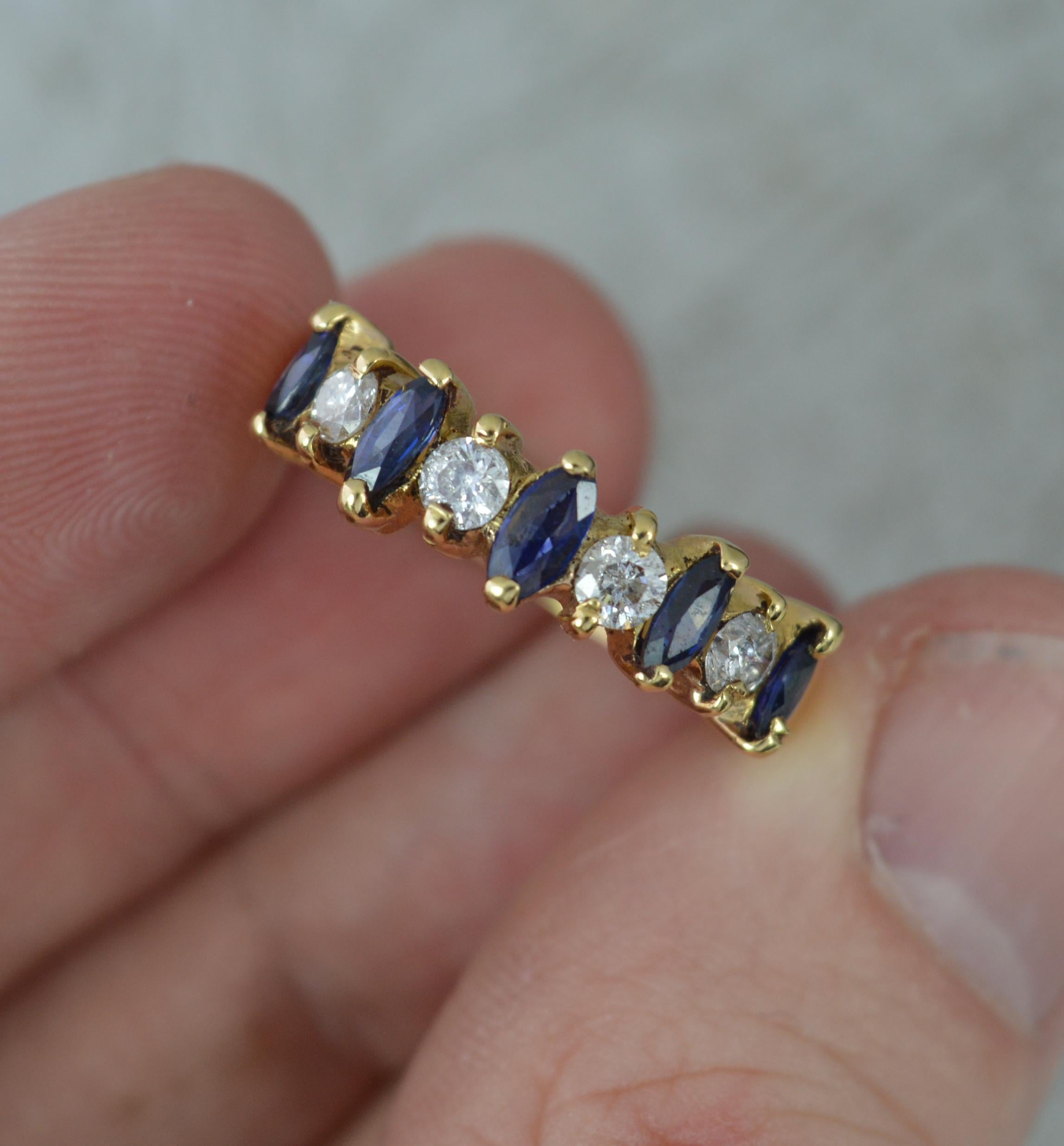 18 Carat Gold Marquise Blue Sapphire and Round Cut Diamond Half Eternity Ring 3