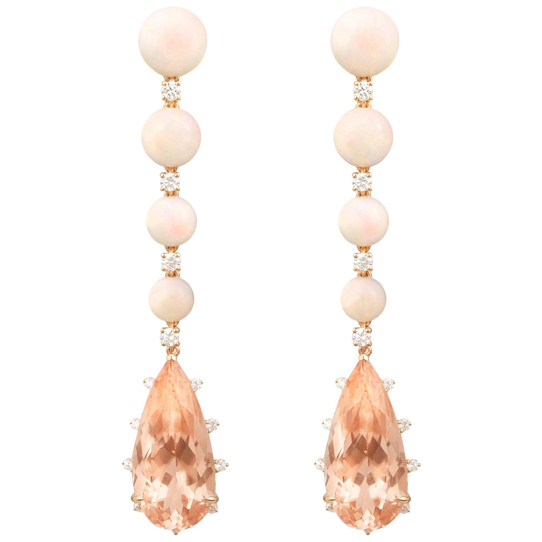 18 Carat Gold, Morganite, Opal and Diamond Earrings