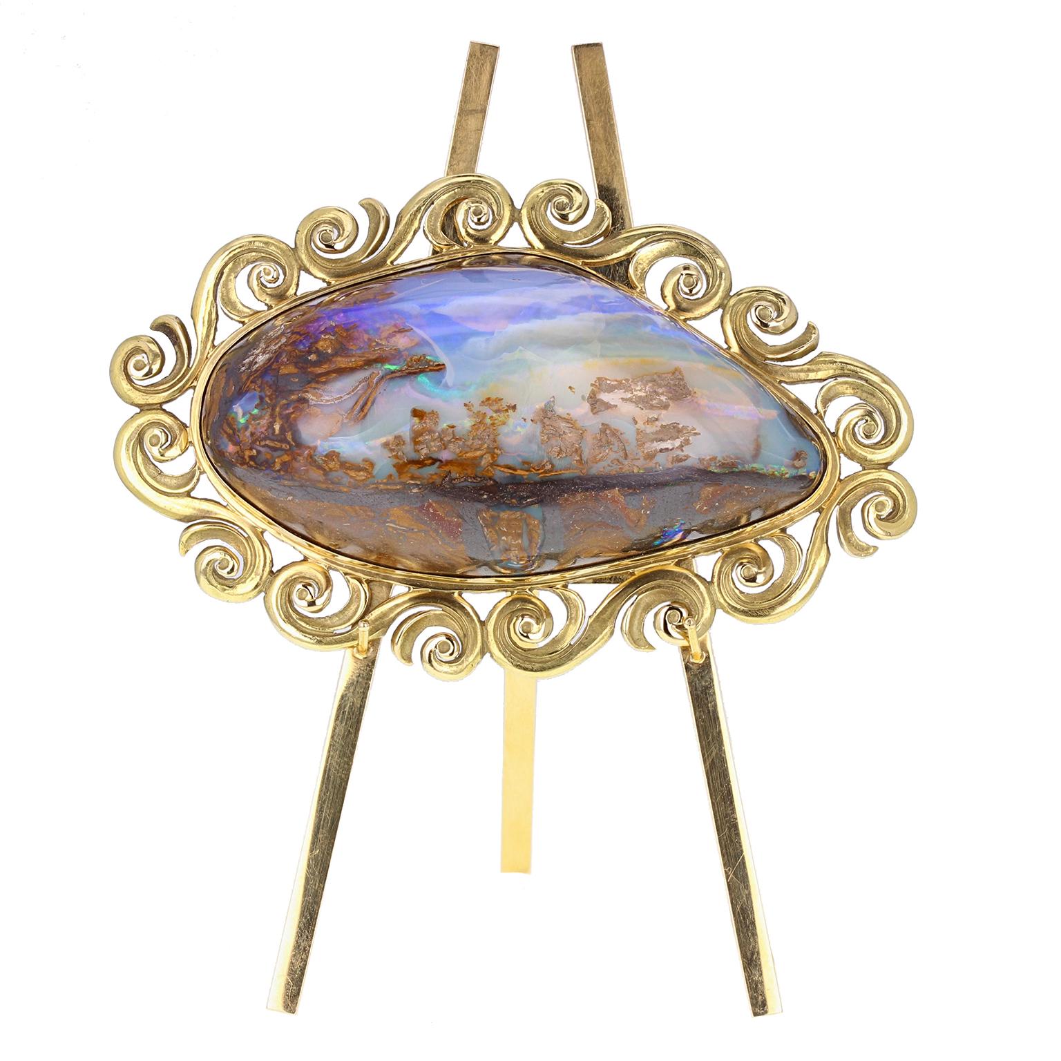 18 Carat Gold Mounted Boulder Opal Specimen with 18 Carat Gold Easel Stand In Excellent Condition For Sale In Newcastle Upon Tyne, GB