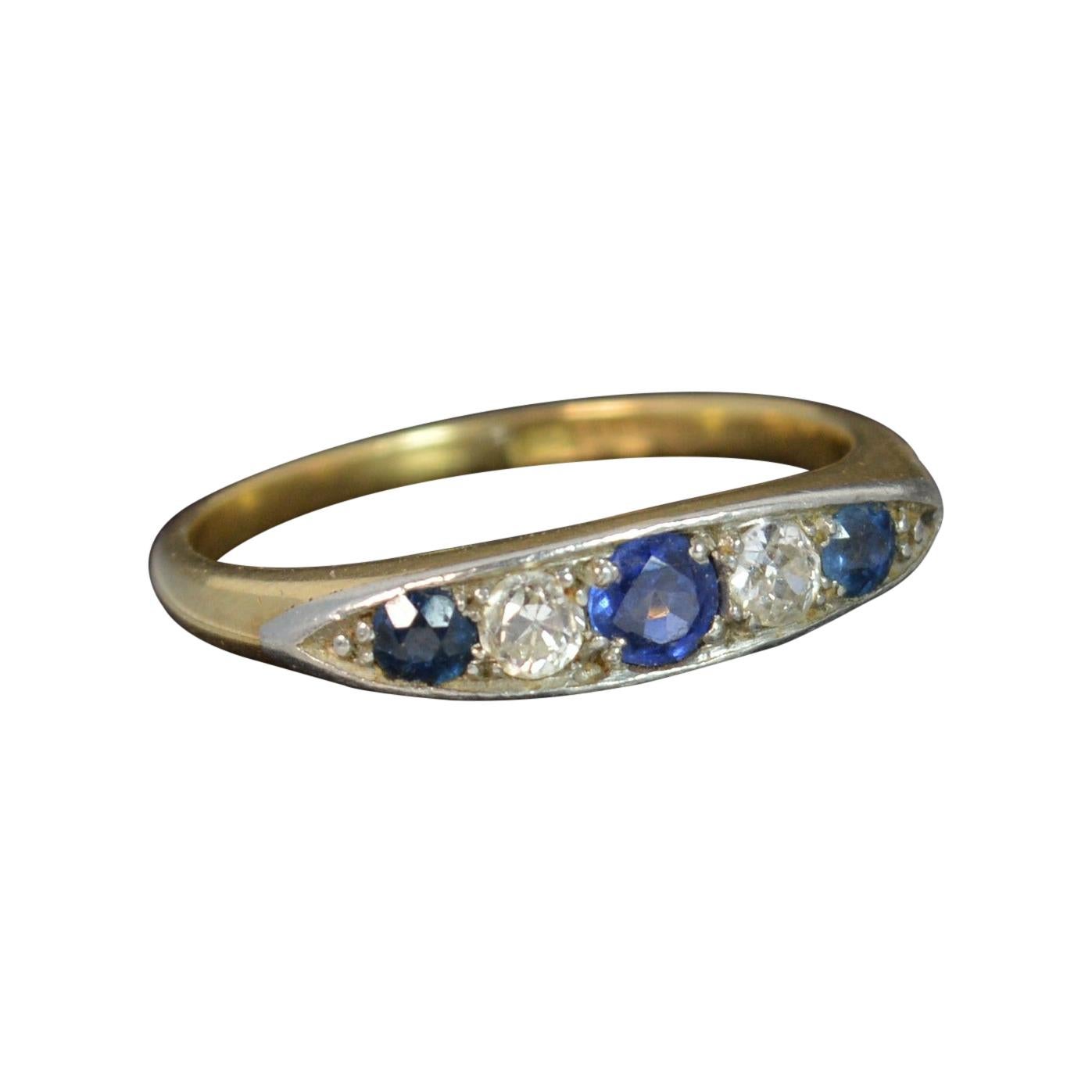 18 Carat Gold Old Cut Diamond Sapphire Five-Stone Boat Ring