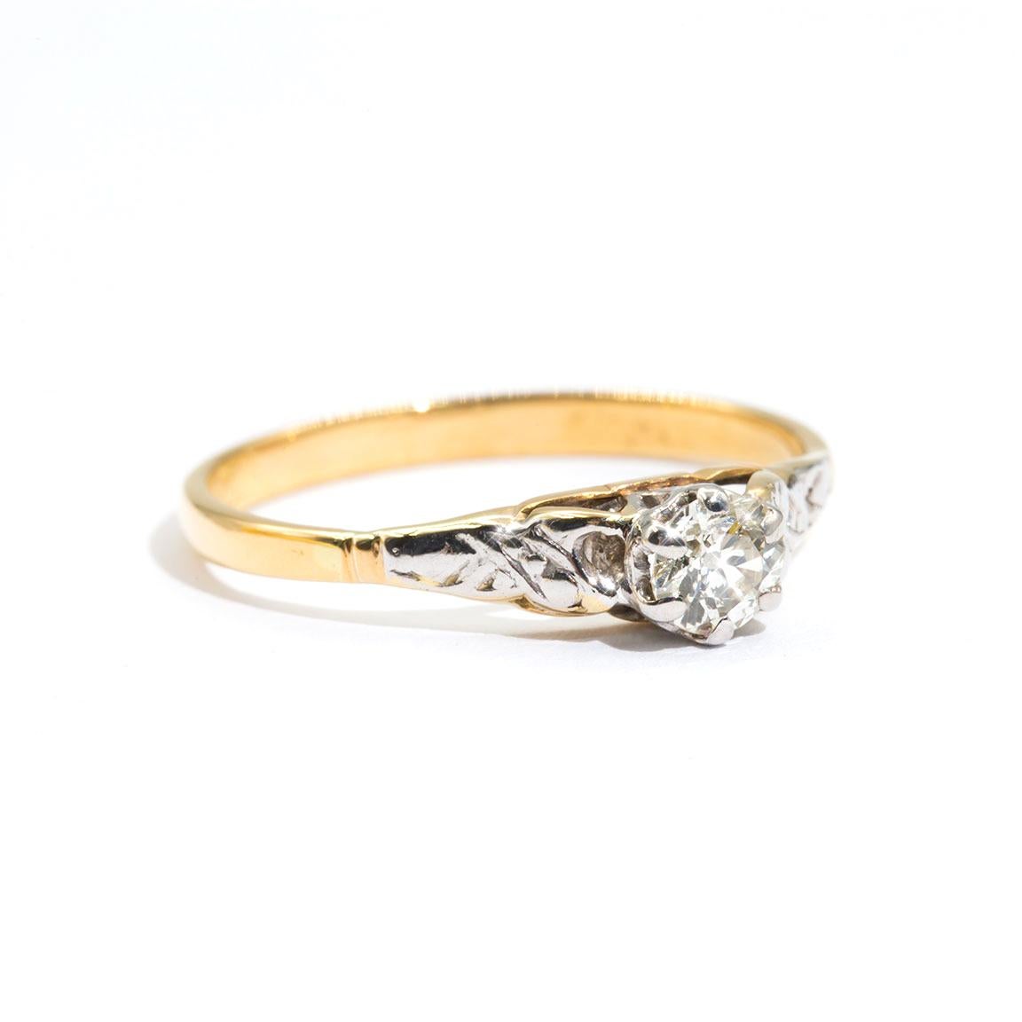 Lovingly crafted in 18 carat yellow gold is this charming vintage solitaire engagement ring that features a sparkling white diamond. We have named this vintage splendour The Rebekah Ring. The Rebekah Ring is a darling ring that is embodies romance