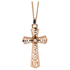 18 Carat Gold Openwork Cross Embellished with a Pearl