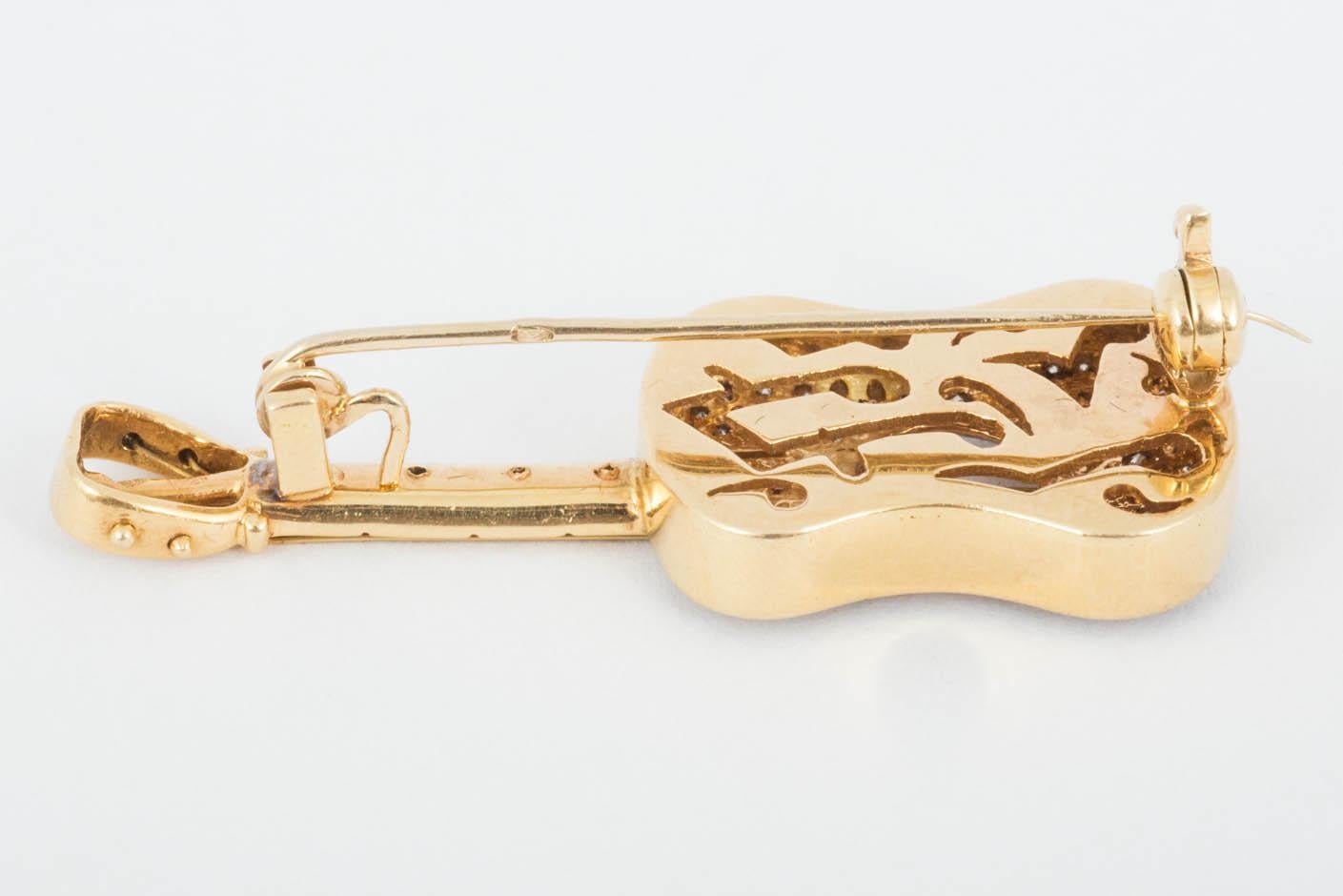 Women's or Men's 18 Carat Gold or Diamond Guitar Brooch or Pendant For Sale