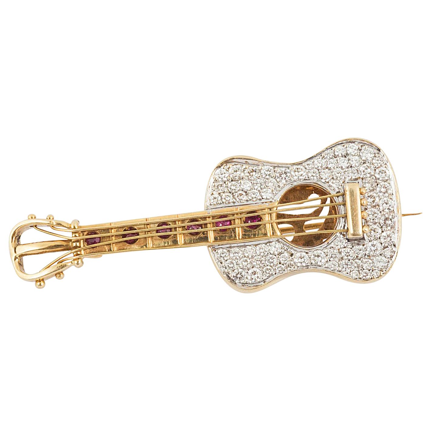 18 Carat Gold or Diamond Guitar Brooch or Pendant For Sale