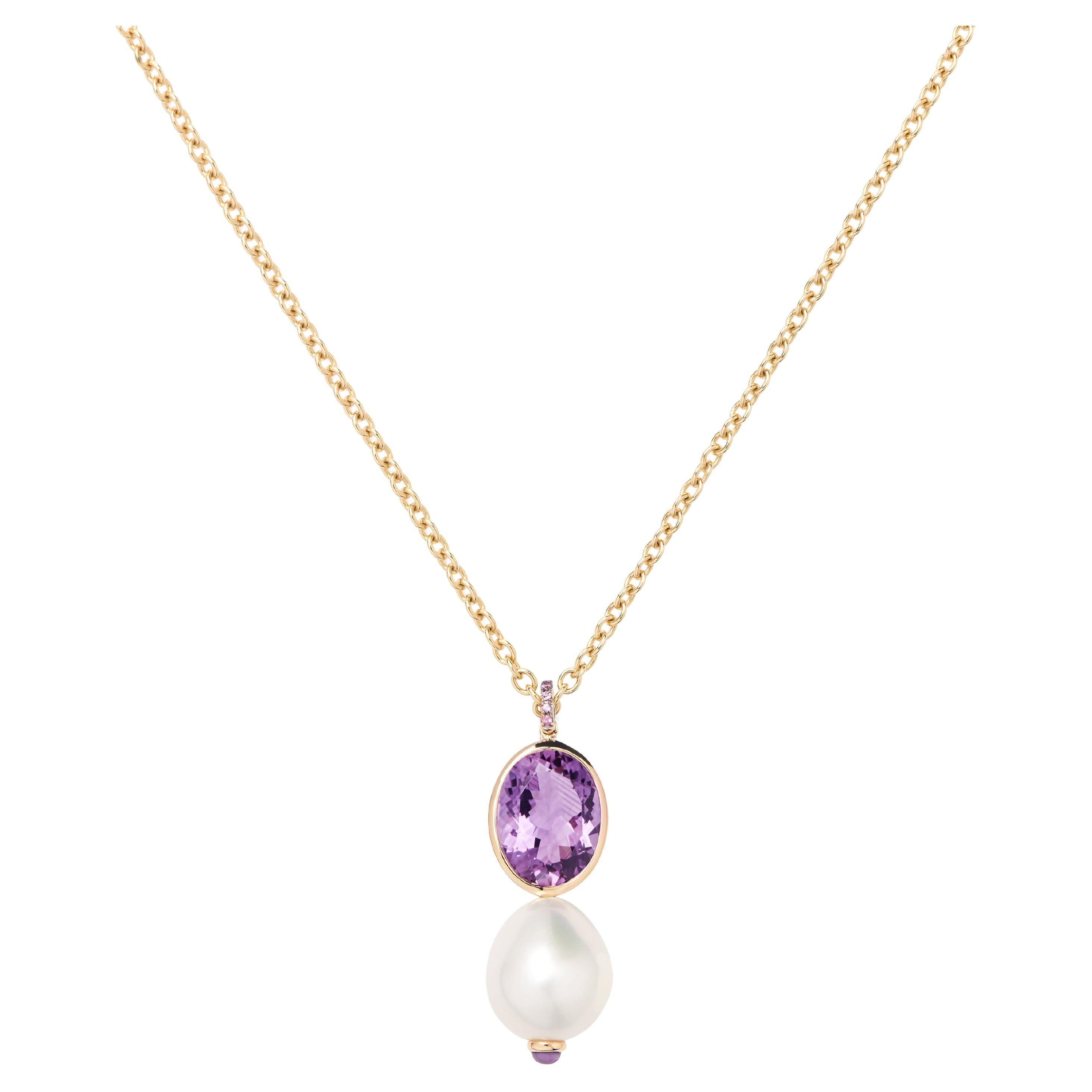 18 Carat Gold Pearl Amethyst Necklace, Yellow Gold, Perles Précieuses Collection