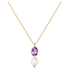 18 Carat Gold Pearl Amethyst Necklace, Yellow Gold, Perles Précieuses Collection