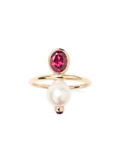 18 Carat Gold Pearl Rhodolite Ring, Yellow Gold, Perles Précieuses Collection