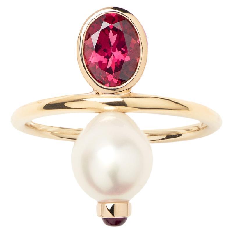 18 Carat Gold Pearl Rhodolite Ring, Yellow Gold, Perles Précieuses Collection