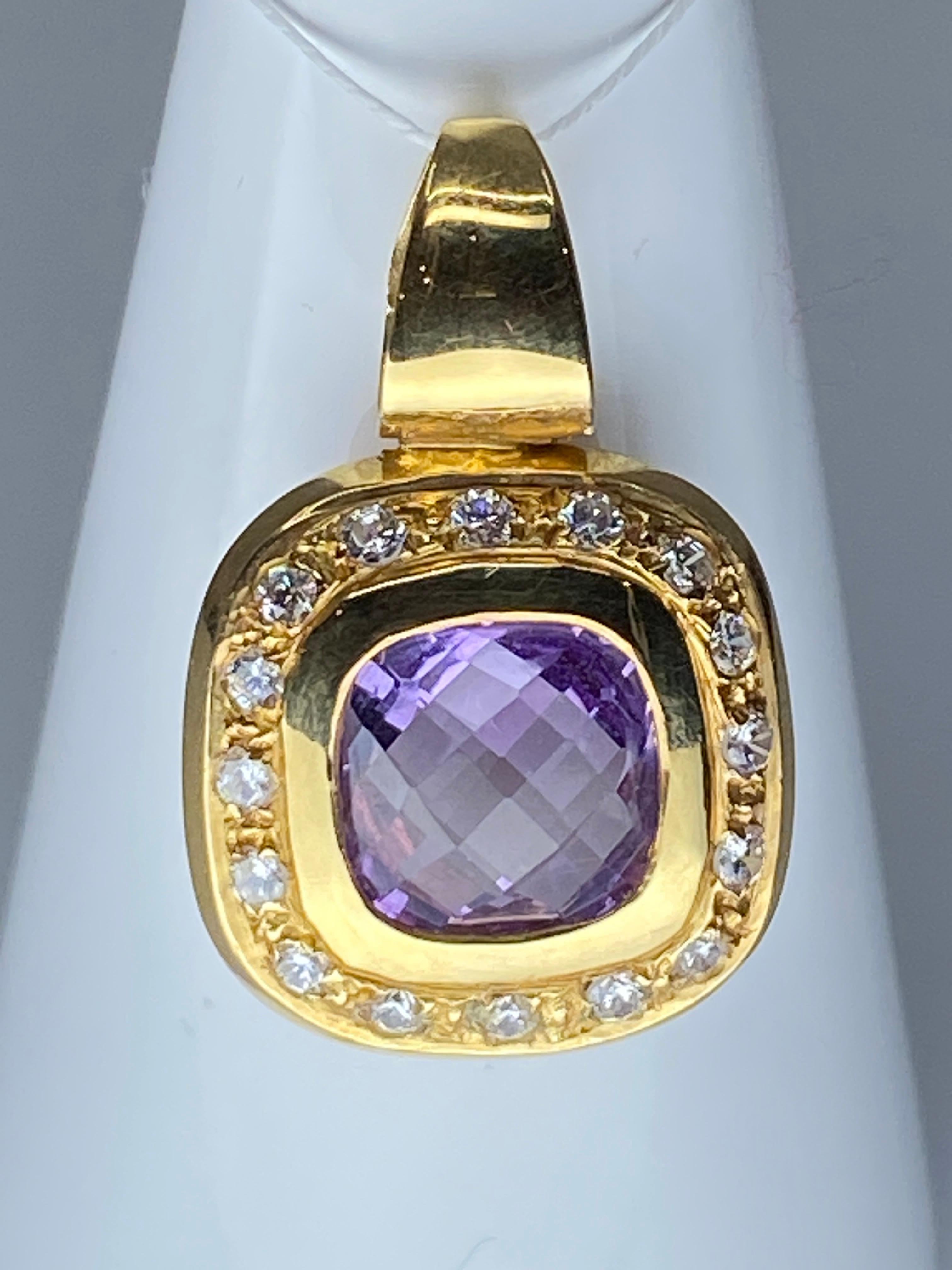 Briolette Cut 18 Carat Gold Pendant Set with a Faceted Améthyst and Diamonds For Sale