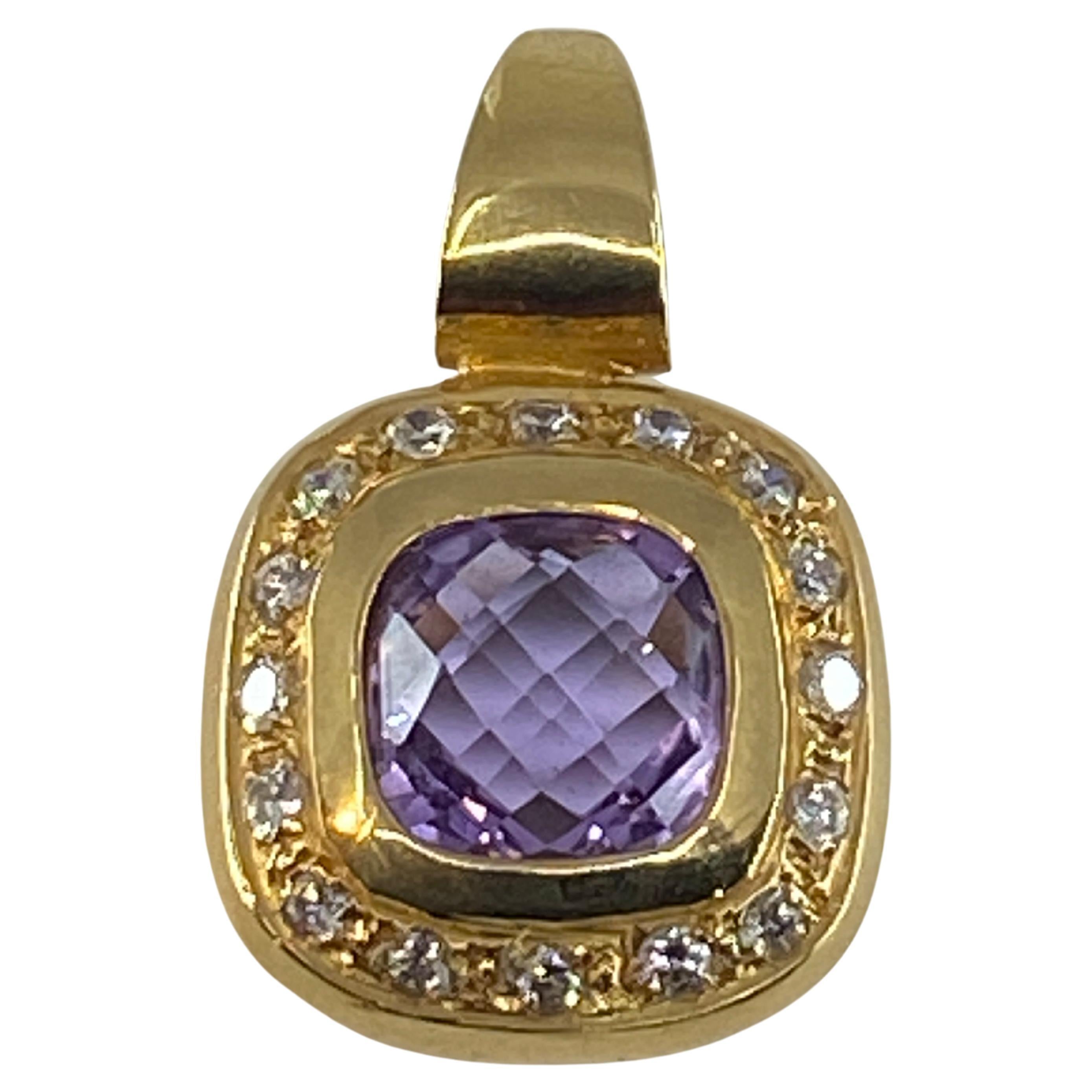18 Carat Gold Pendant Set with a Faceted Améthyst and Diamonds