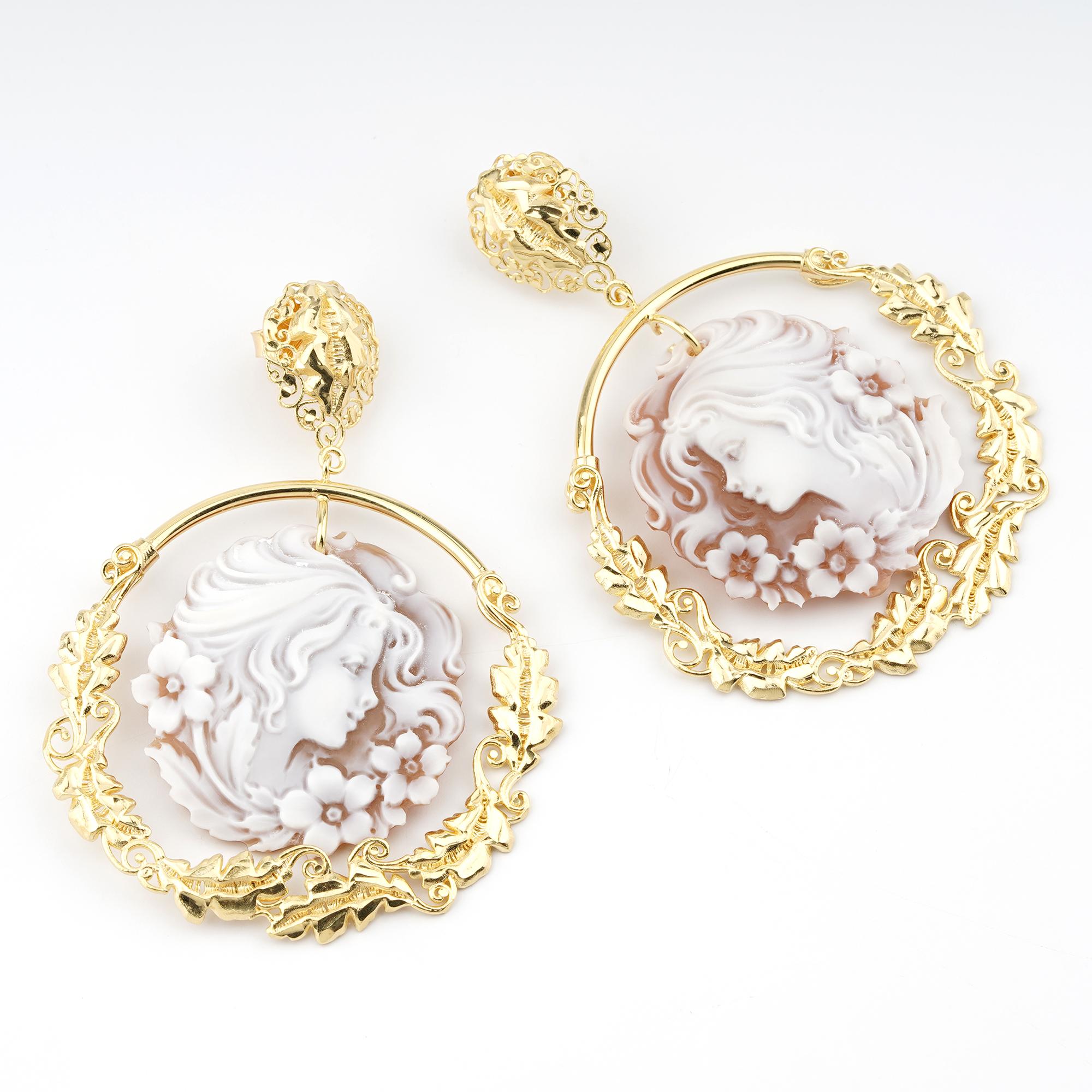 18 carat Gold Plated 925 Sterling Silver Sea Shell 35mm Cameo Earrings. Fully handcarved Portrait on a sea shell cameo set in a 18kt Gold plated silver earrings. Carvings are performed by our master artisans with generations of experience, all