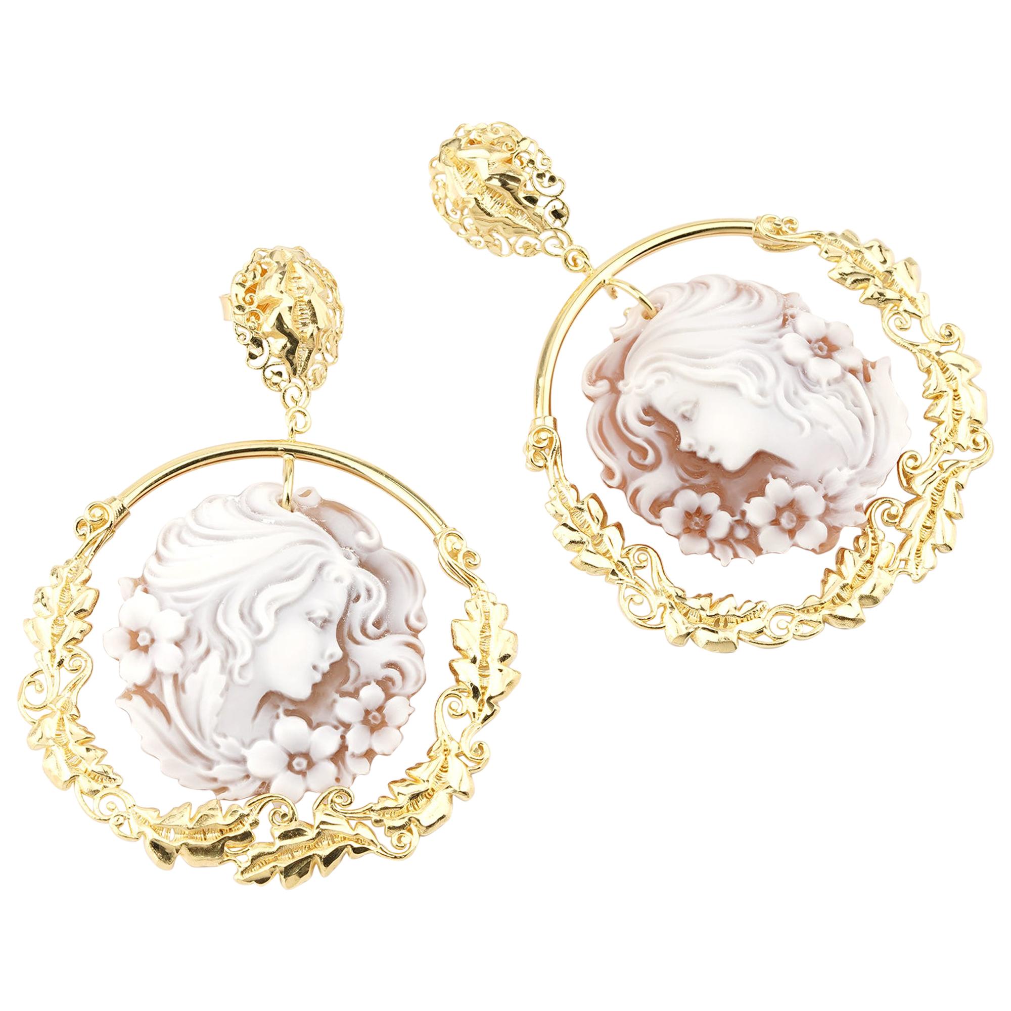 18 Carat Gold-Plated 925 Sterling Silver Sea Shell Cameo Earrings For Sale