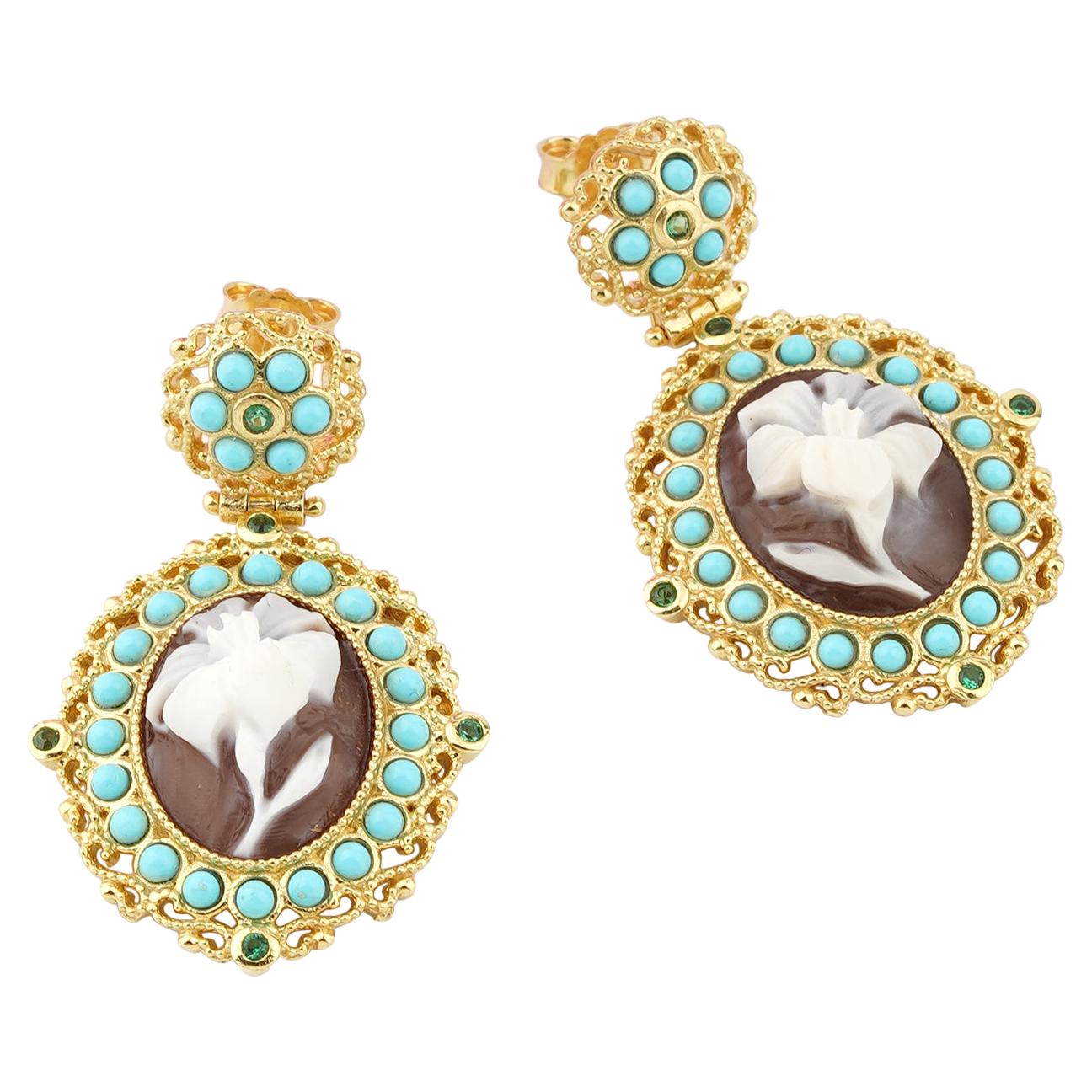 18 Carat Gold Plated 925 Sterling Silver Sea Shell Cameo Earrings, Pendant, Ring For Sale