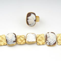 18 Carat Gold-Plated 925 Sterling Silver Sea Shell Cameos Ring Bracelet Set