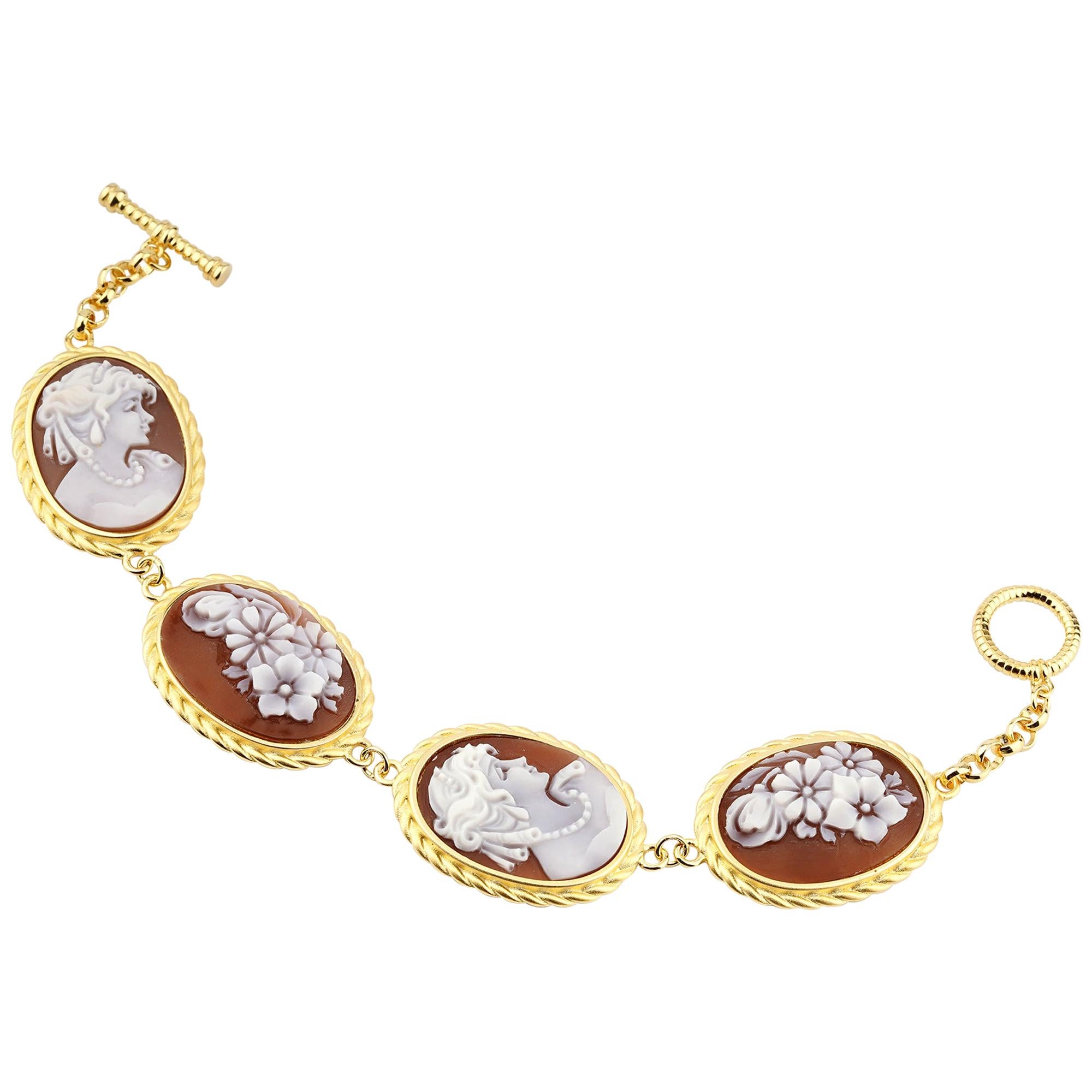 18 Carat Gold-Plated 925 Sterling Silver with 4 Pcs Sea Shell Cameos Bracelet For Sale