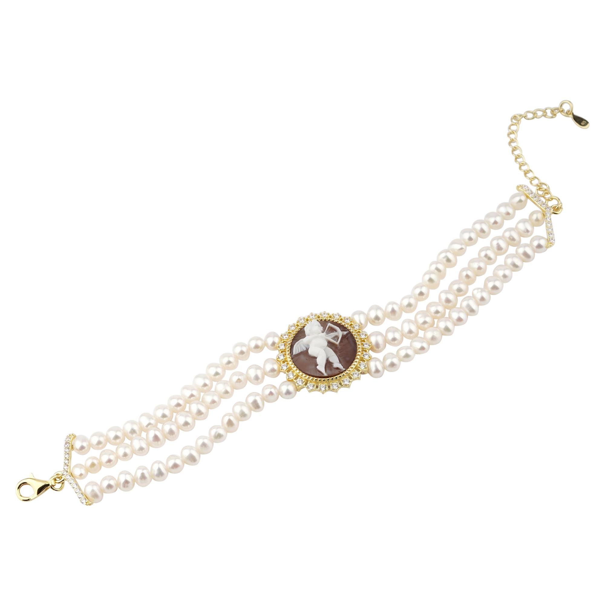 Cameo Italiano Sea shell cameo and 3 row-Pearl bracelet. For Sale