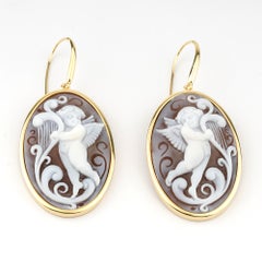 Cameo Italiano. Angel with the harp, Sea shell cameo earrings