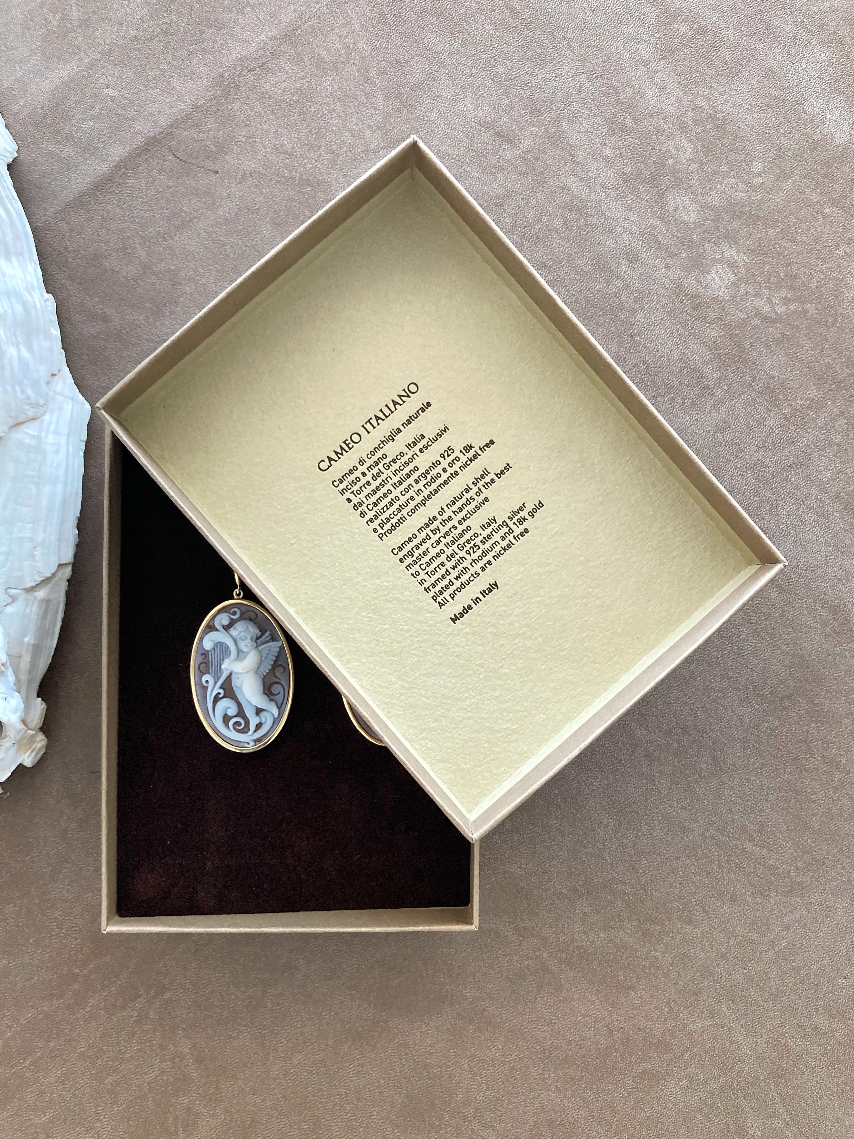 Cameo Italiano. Angel with the harp, Sea shell cameo earrings 2