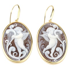 Cameo Italiano. Angel with the harp, Sea shell cameo earrings 