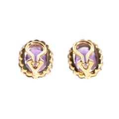 18 Carat Gold Purple Oval Amethyst and Diamond Halo Cluster Vintage Earrings