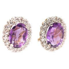18 Carat Gold Purple Oval Amethyst and Diamond Halo Cluster Vintage Earrings