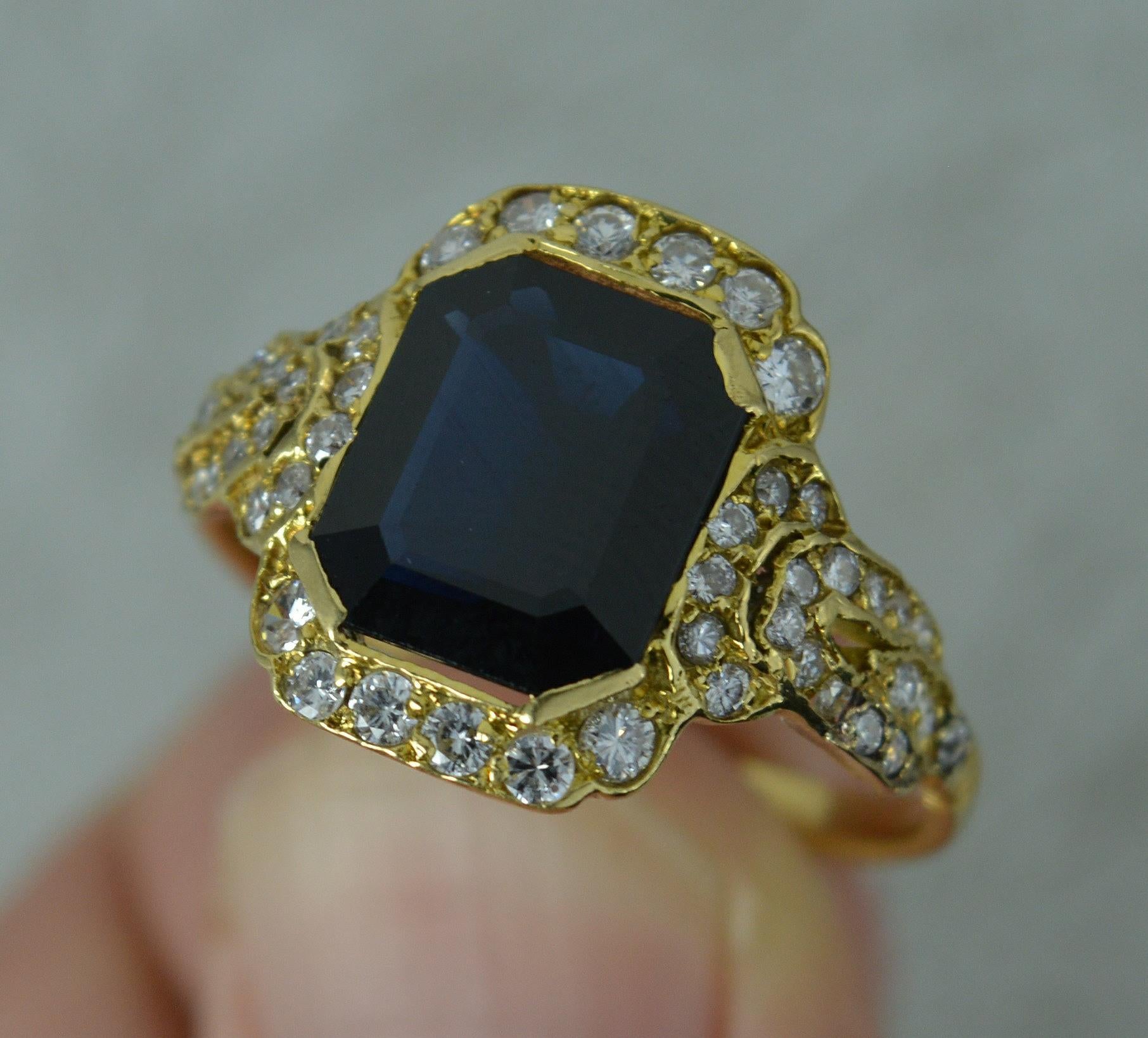 Women's 18 Carat Gold Rectangular Sapphire and 56 Diamond Cluster Ring