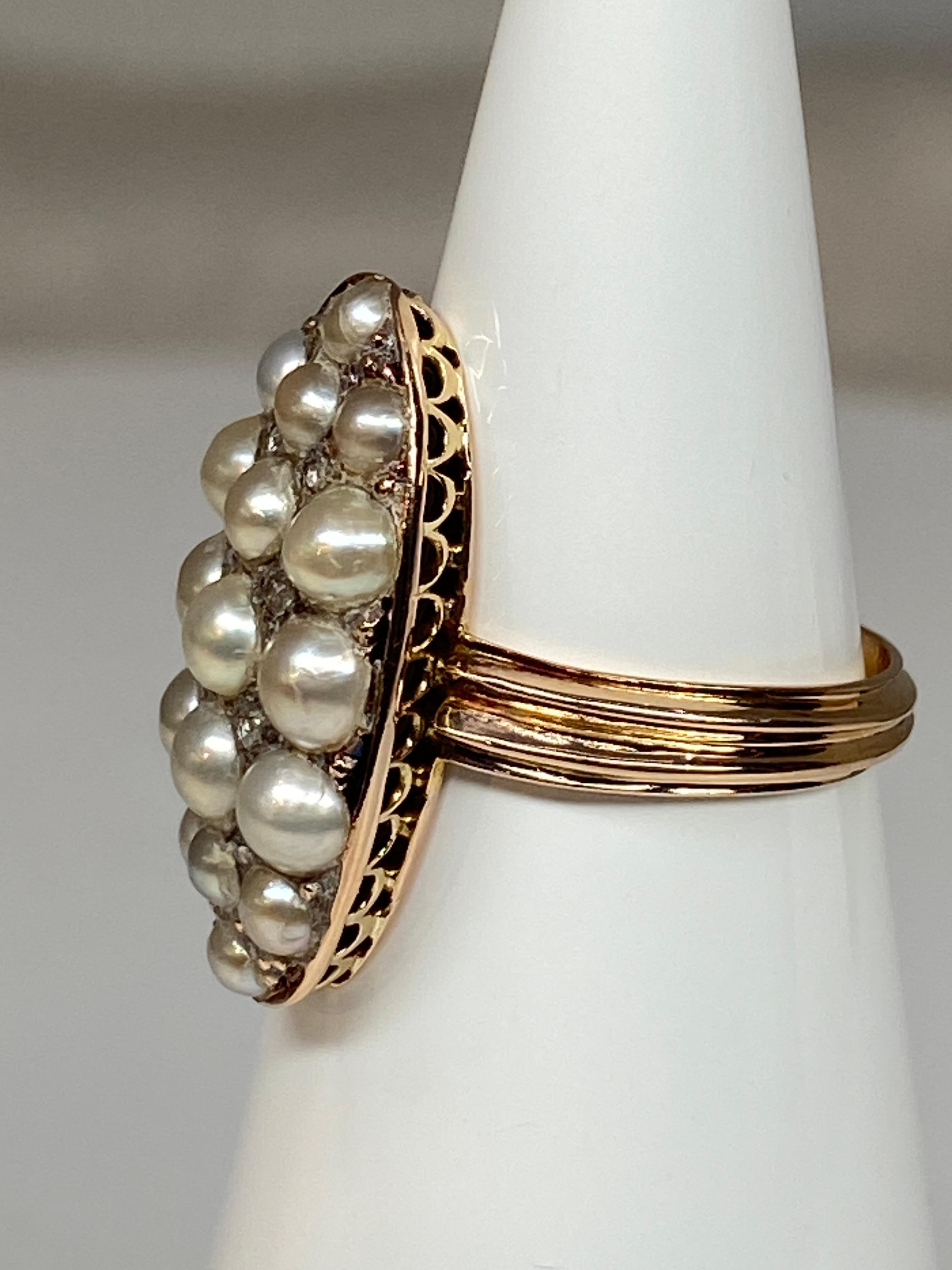 18 Carat Gold Ring, Marquise, Set with 17 Fine Pearls and Diamonds, circa 1880 For Sale 7