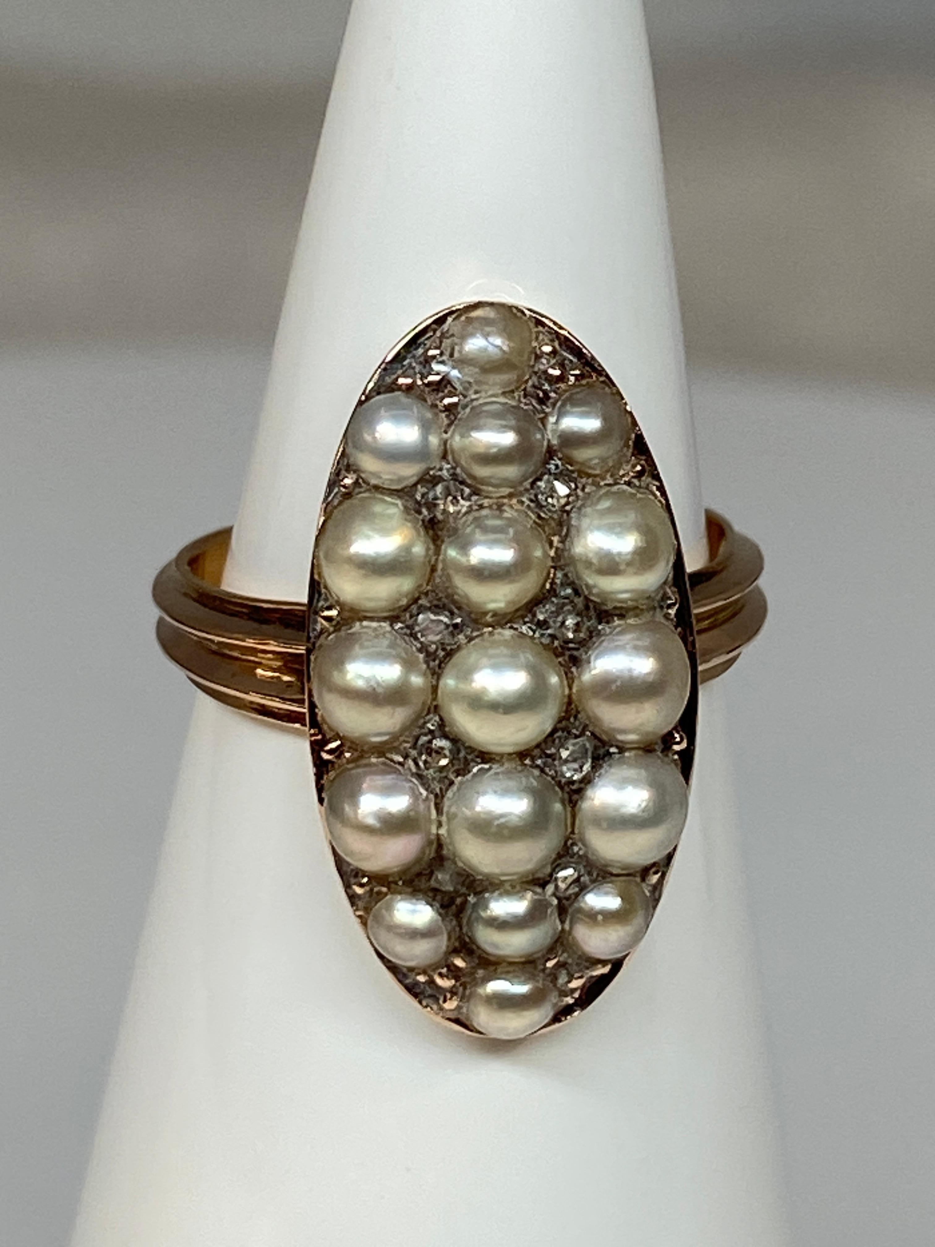 18 Carat Gold Ring, Marquise, Set with 17 Fine Pearls and Diamonds, circa 1880 For Sale 8