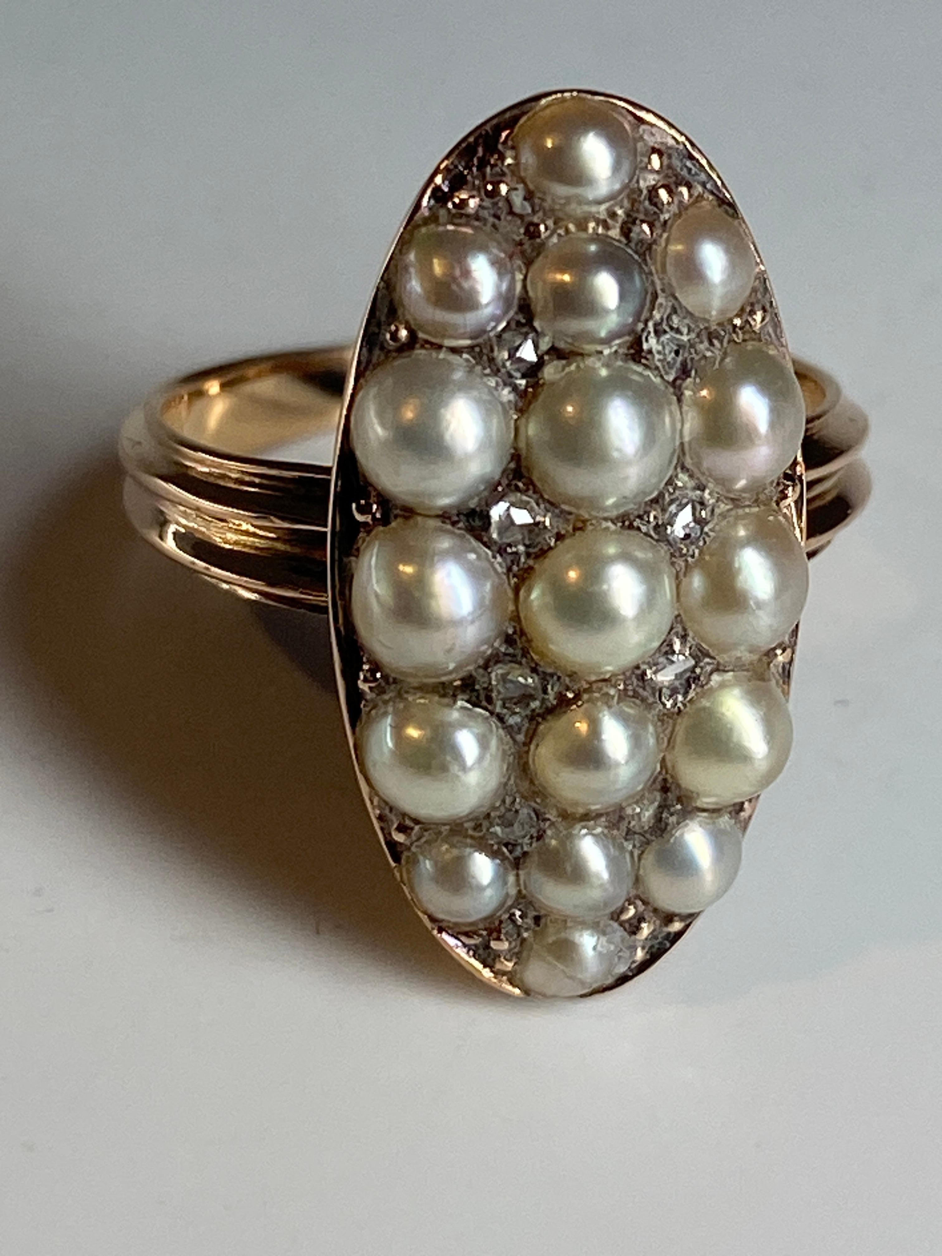 18 Carat Gold Ring, Marquise, Set with 17 Fine Pearls and Diamonds, circa 1880 For Sale 10